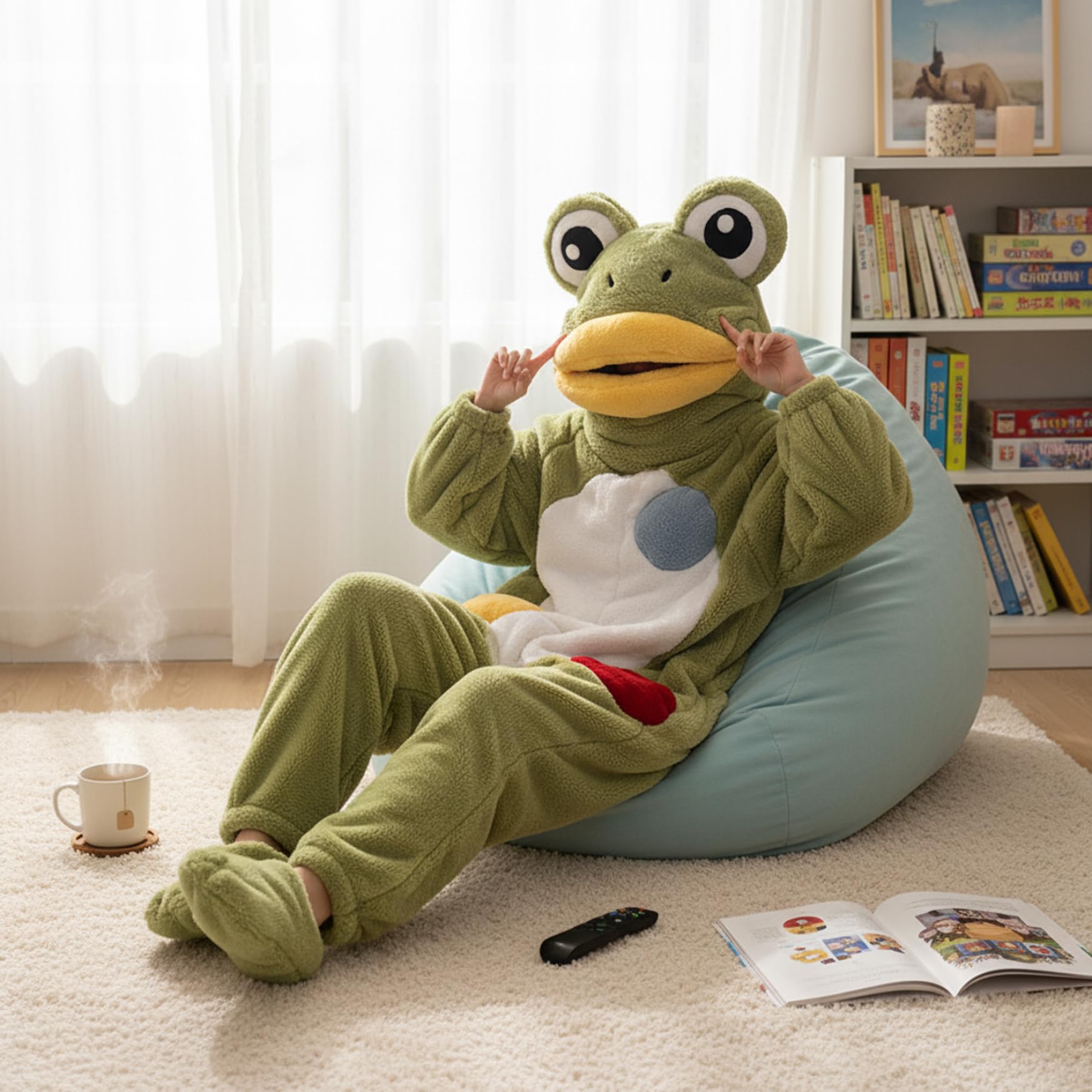 Mono de Rana para Adulto, Mono de Rana, Pijama de Cuerpo Entero de Forro Polar de Coral Suave con Capucha y pies, Disfraz de Animal cálido para Halloween, Cosplay y Ropa de Descanso