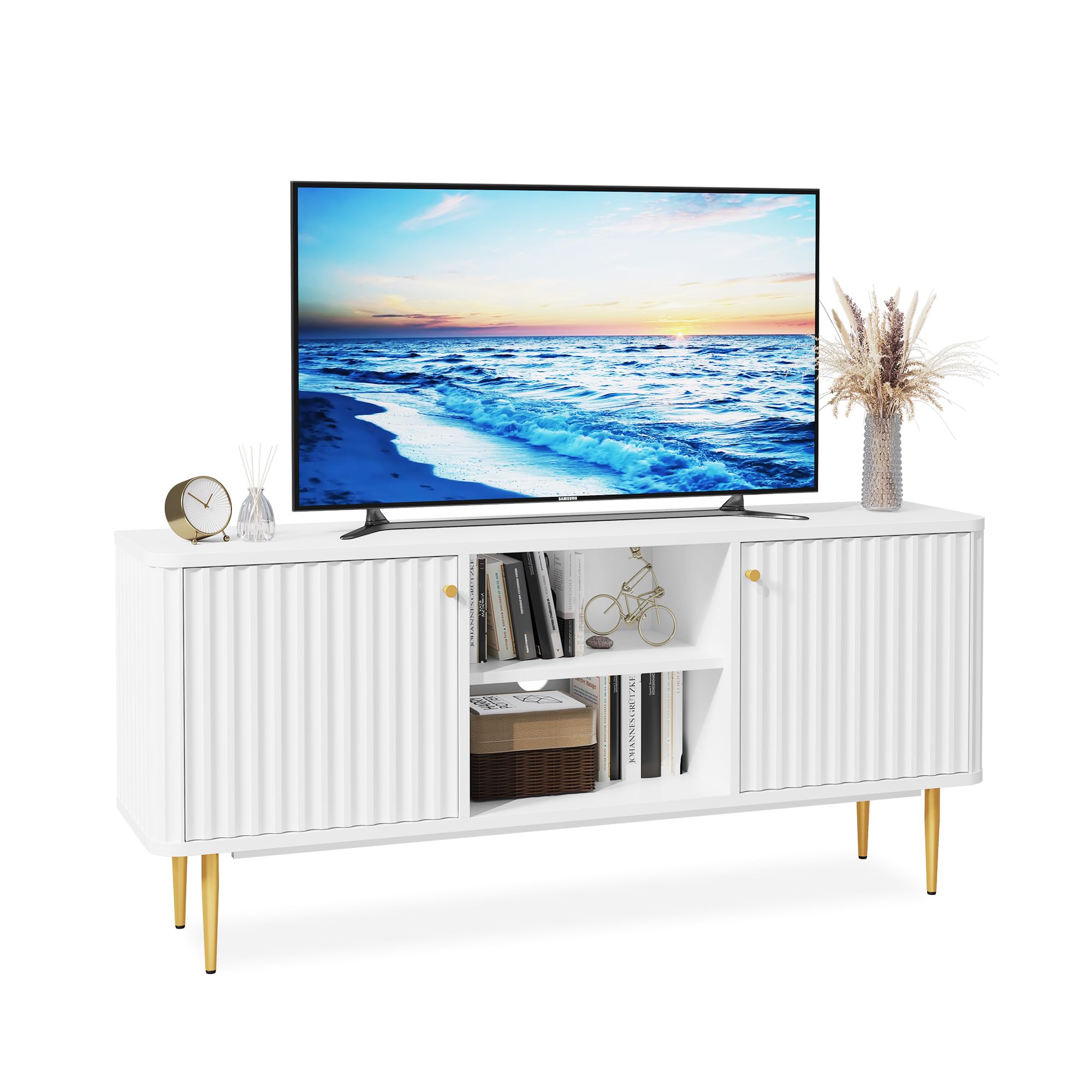 TV-Schrank-Fernsehschrank Holz Fernsehtisch mit 2 Türen Lowboard für Fernseher TV-Regal für Wohnzimmer, Esszimmer, Schlafzimmer, Moderne Stil,Weiß