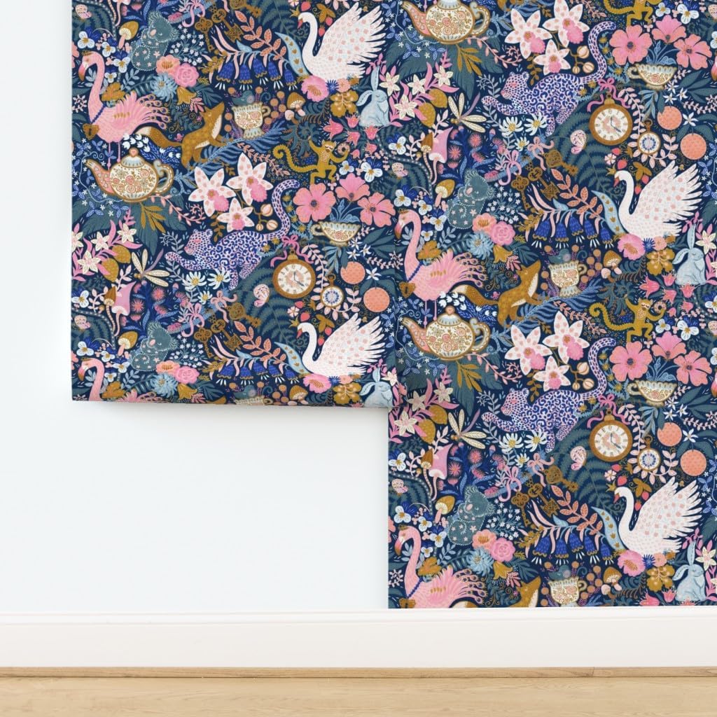 Peel & Stick Wallpaper Swatch - maximalist,Tea Party,Whimsical Chintz,Pink Purple Mustard,Swans and Flamingos Custom Removable Wallpaper by Spoonflower