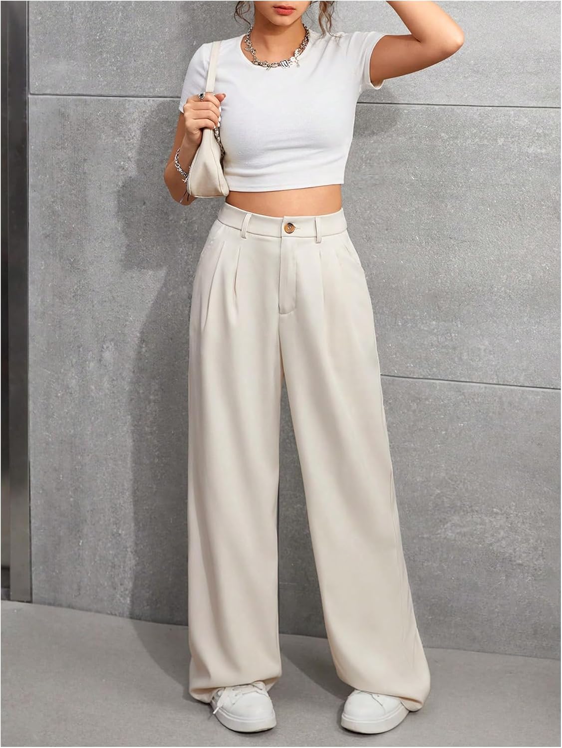OYOANGLE Girl's Elastic Waist Wide Leg Pants Button Down Solid Uniform Trousers with Pockets - Image 5