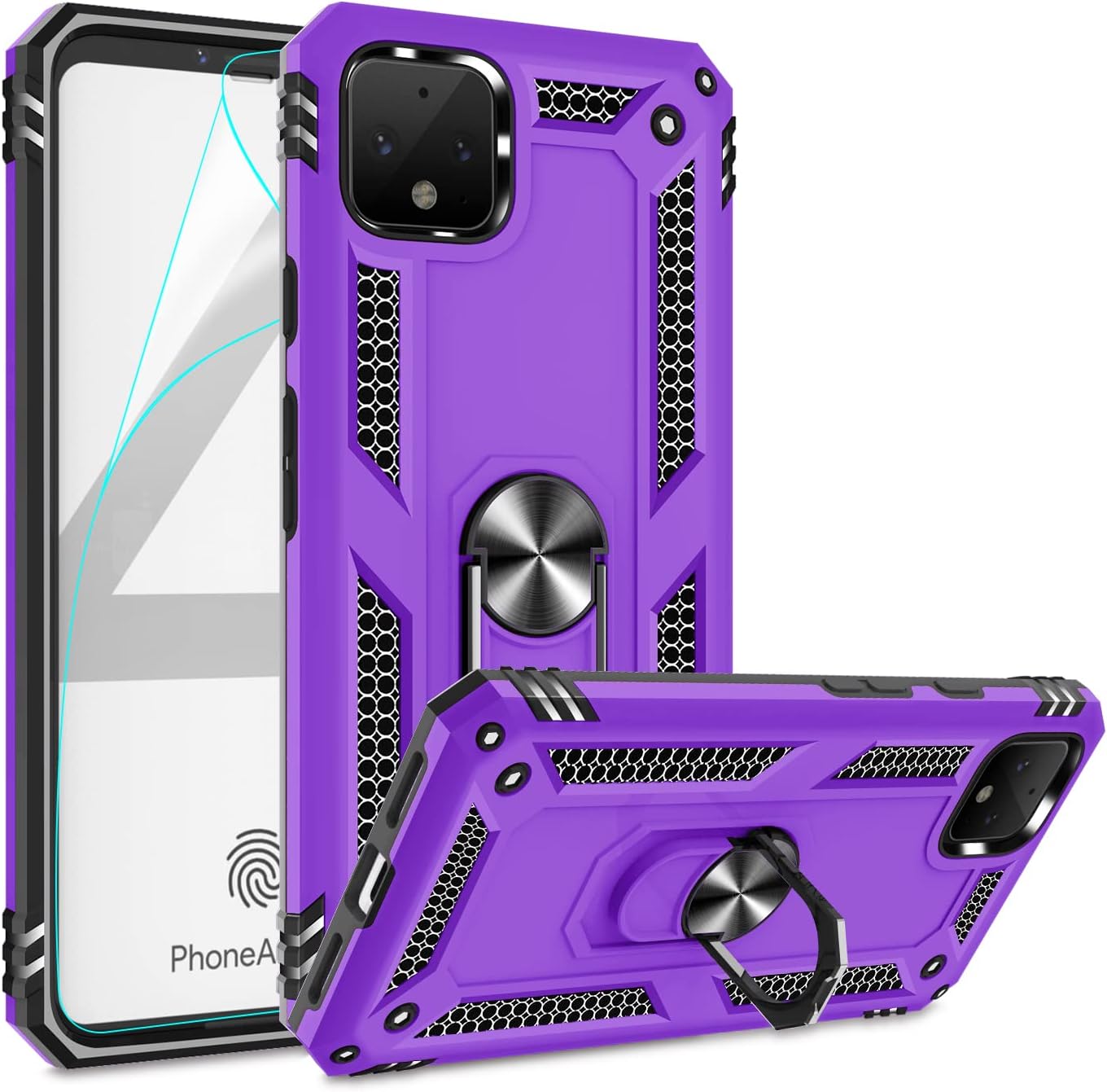 Gritup Compatible for Google Pixel 4 XL Case with HD Screen Protector, Military-Grade Shockproof Protective Phone Case with Magnetic Kickstand Ring for Google Pixel 4 XL Purple