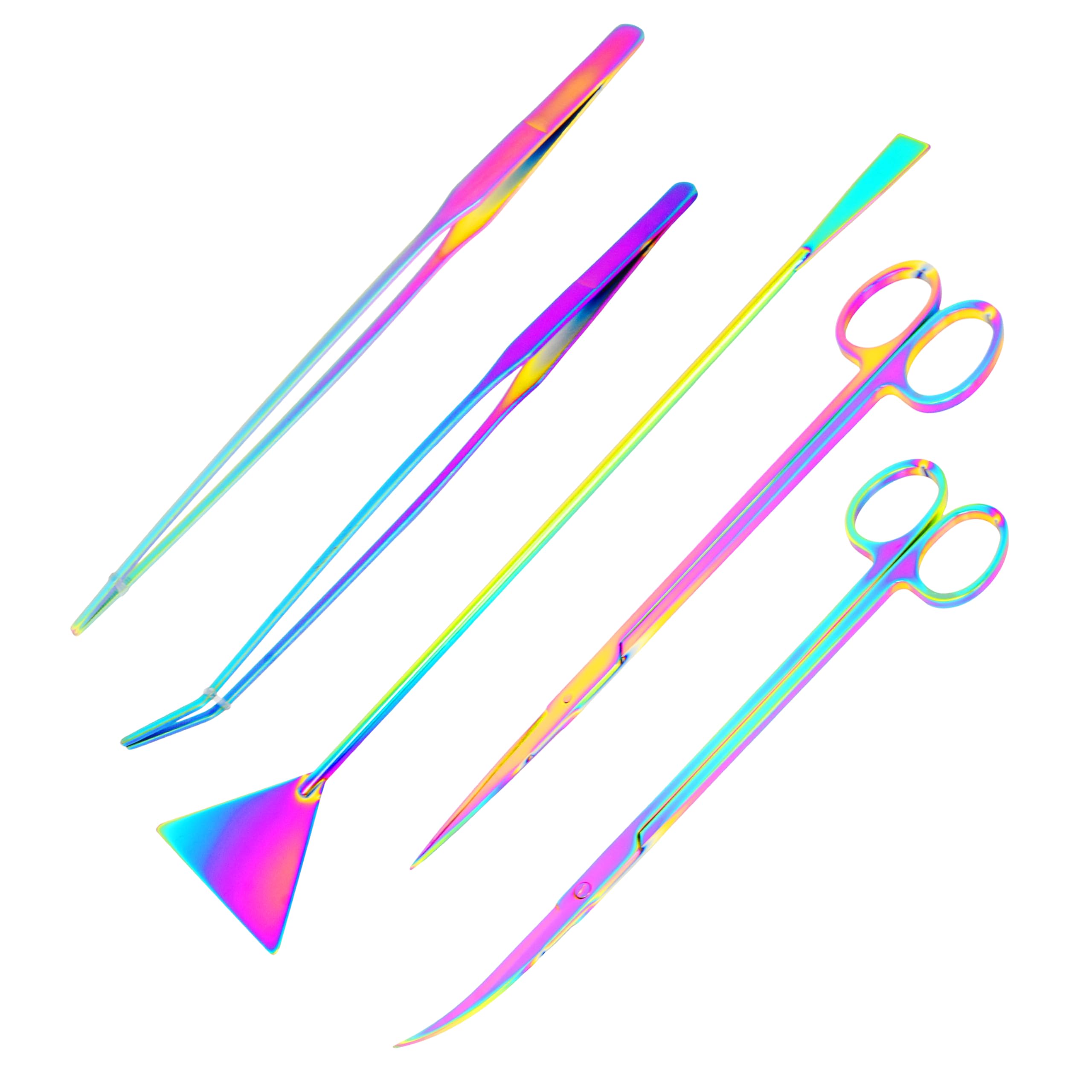 Mandala Crafts Rainbow Stainless Steel Aquascaping Tools Kit – Aquarium Plant Tools with Tweezers, Spatula, and Scissors for Fish Tanks, Hospital Tanks, Goldfish Bowls, Aquariums, and Terrariums