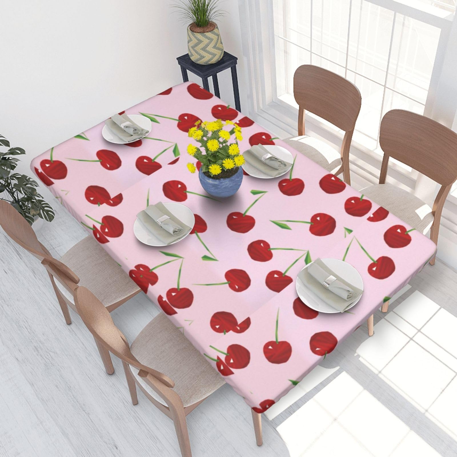 BeNtli Tablecloth,Waterproof Fitted Table Cloth Elastic Edged Table Cover 4FT for Kitchen,Cherries Cherries On Pink