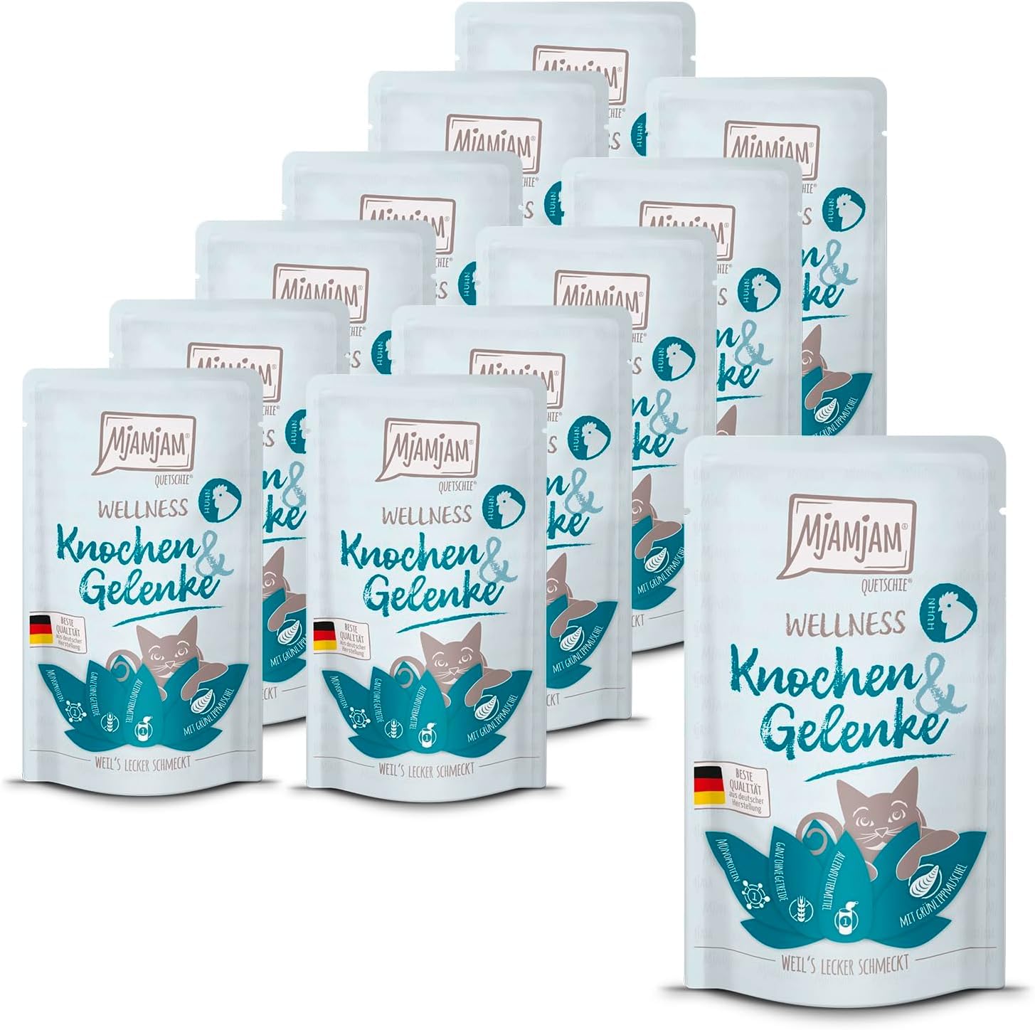 MjAMjAM - Premium Nassfutter für Katzen - Wellness - Knochen & Gelenke - Huhn, 12er Pack (12 x 125g), getreidefrei