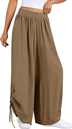 Hubery Women Long Palazzo Pants 2026 Summer Pleated High Waist Wide Leg Flowy Pants Side Drawstring Trousers with Pockets