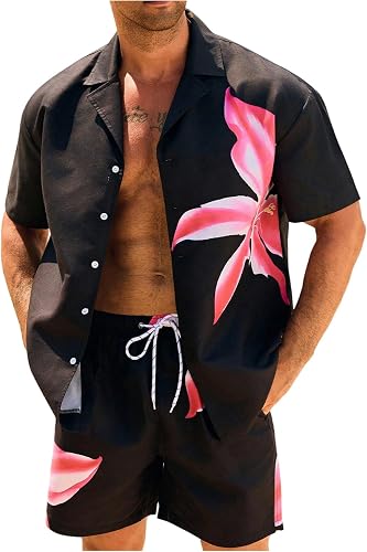 Verdusa Men's 2 Piece Floral Outfits Hawaiian Button Up Coll
