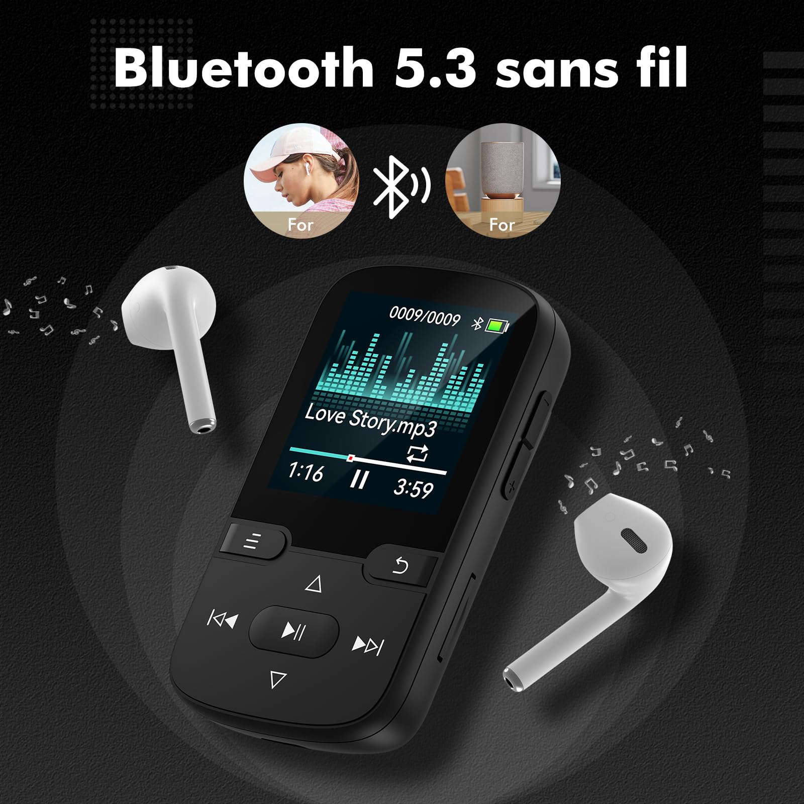 64 Go Lecteur MP3 Bluetooth 5.3 avec Clip, Lecteur de Musique HiFi Portable