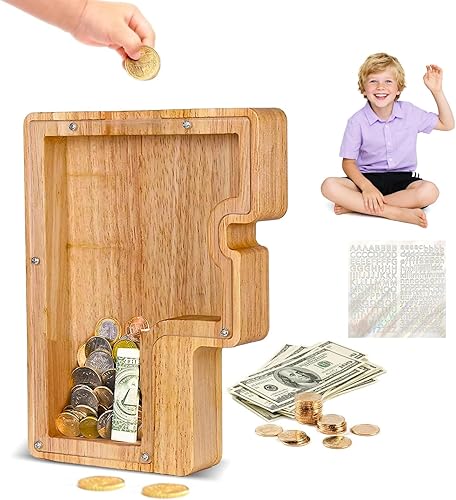 Miniatura 34 de Alcancía de madera con letras de madera, alcancía para niños y niñas, grande, 26 alfabetos, banco de dinero con nombre personalizado transparente