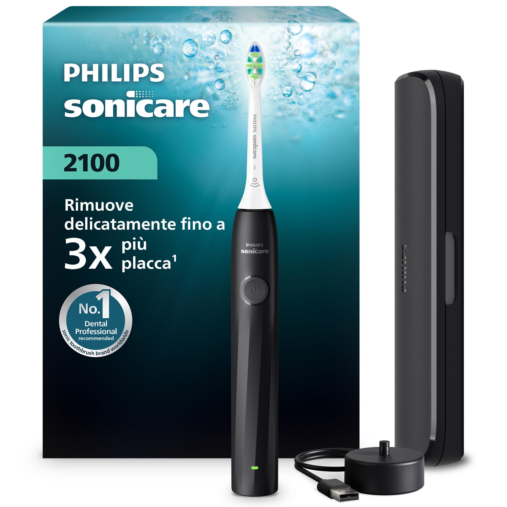 Philips Sonicare Serie 2100 - Spazzolino elettrico sonico con 2 livelli d'intensità, funzione EasyStart, SmarTimer, 14 giorni di autonomia, custodia, nero, HX4023/02, [Nuovo]