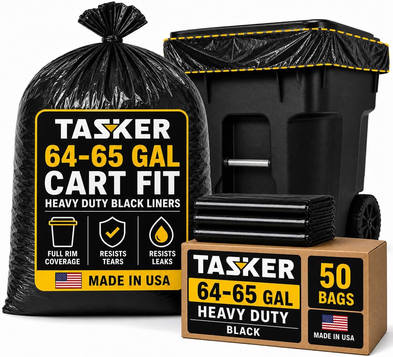 Tasker 64 Gallon Trash Bags Heavy Duty (Value-PACK 50 Bags w/Ties) 64 Gallon Trash Bags | 65 Gallon Trash Bag Heavy Duty Large Black Industrial Garbage Bags | 60 Gallon Garbage Bag