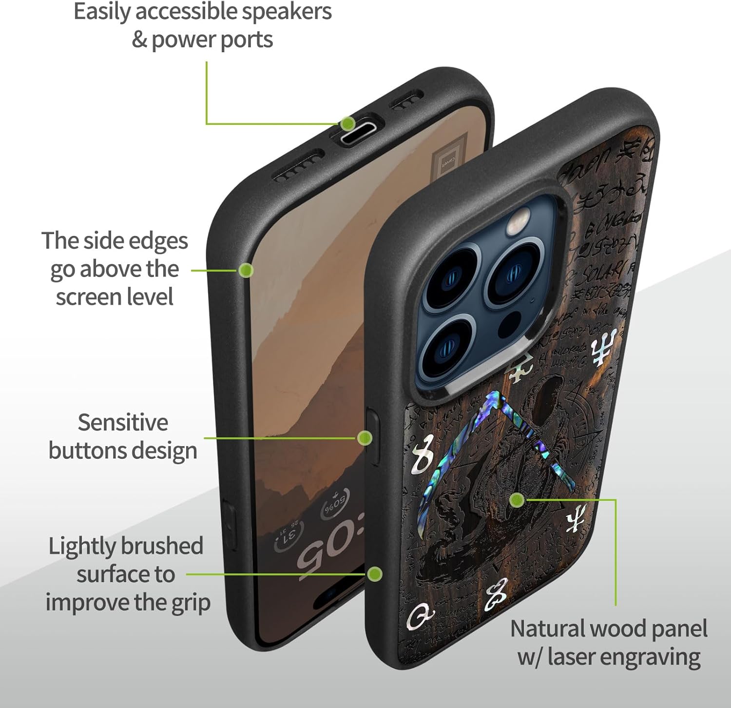 Carveit Wooden Case for iPhone 15 Pro Magnetic Case, Compatible with MagSafe Wireless Chargers, Shockproof Cover, Handmade Shell Inlaid & Wood Artisan Engraved (The Grim Reaper of Carved) Blackwood