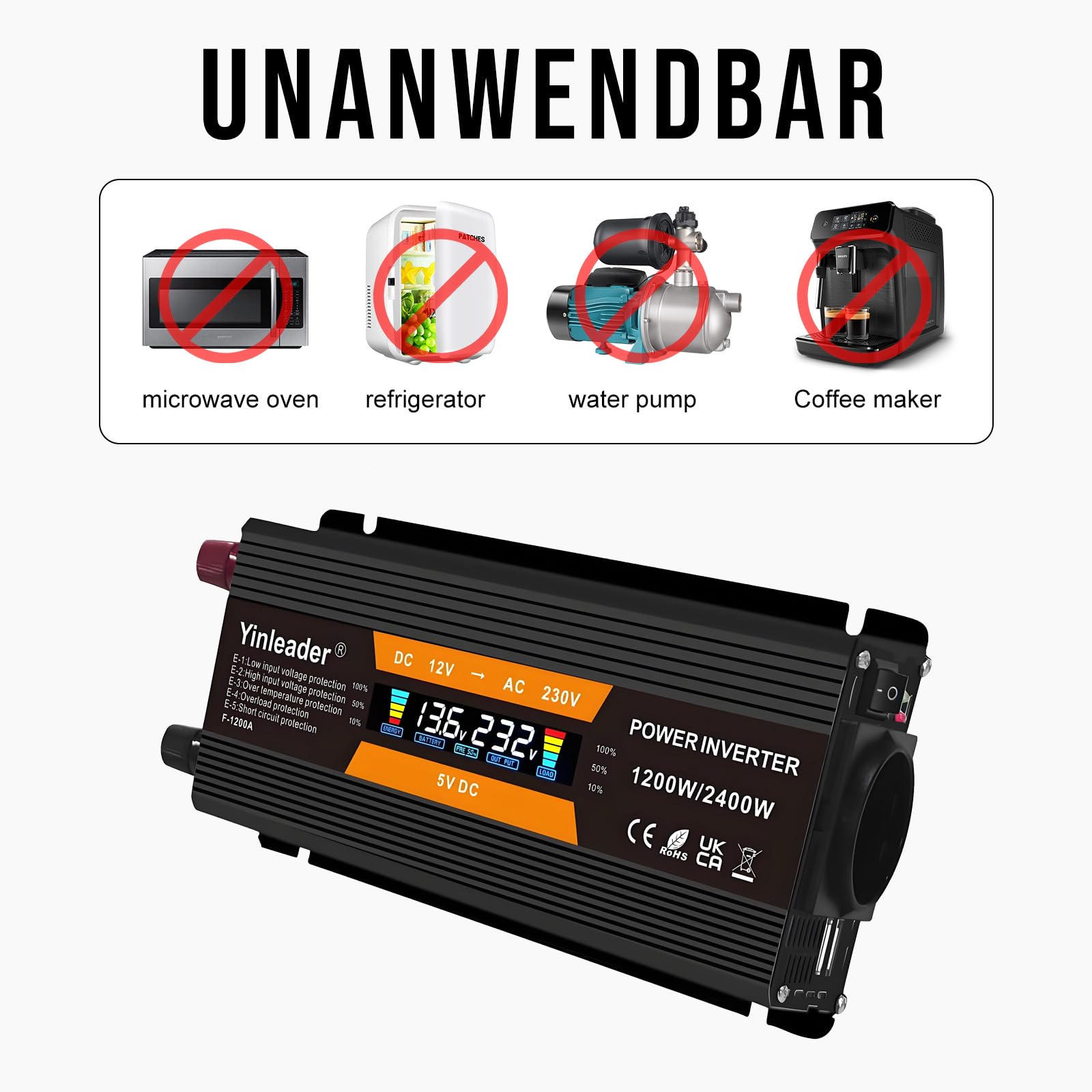 Yinleader Trasformatore di tensione 1200 W/2400 W 12 V 230 V Inverter Dual USB Power Inverter con 1 presa e display LCD, per auto, roulotte, barca, campeggio, viaggi