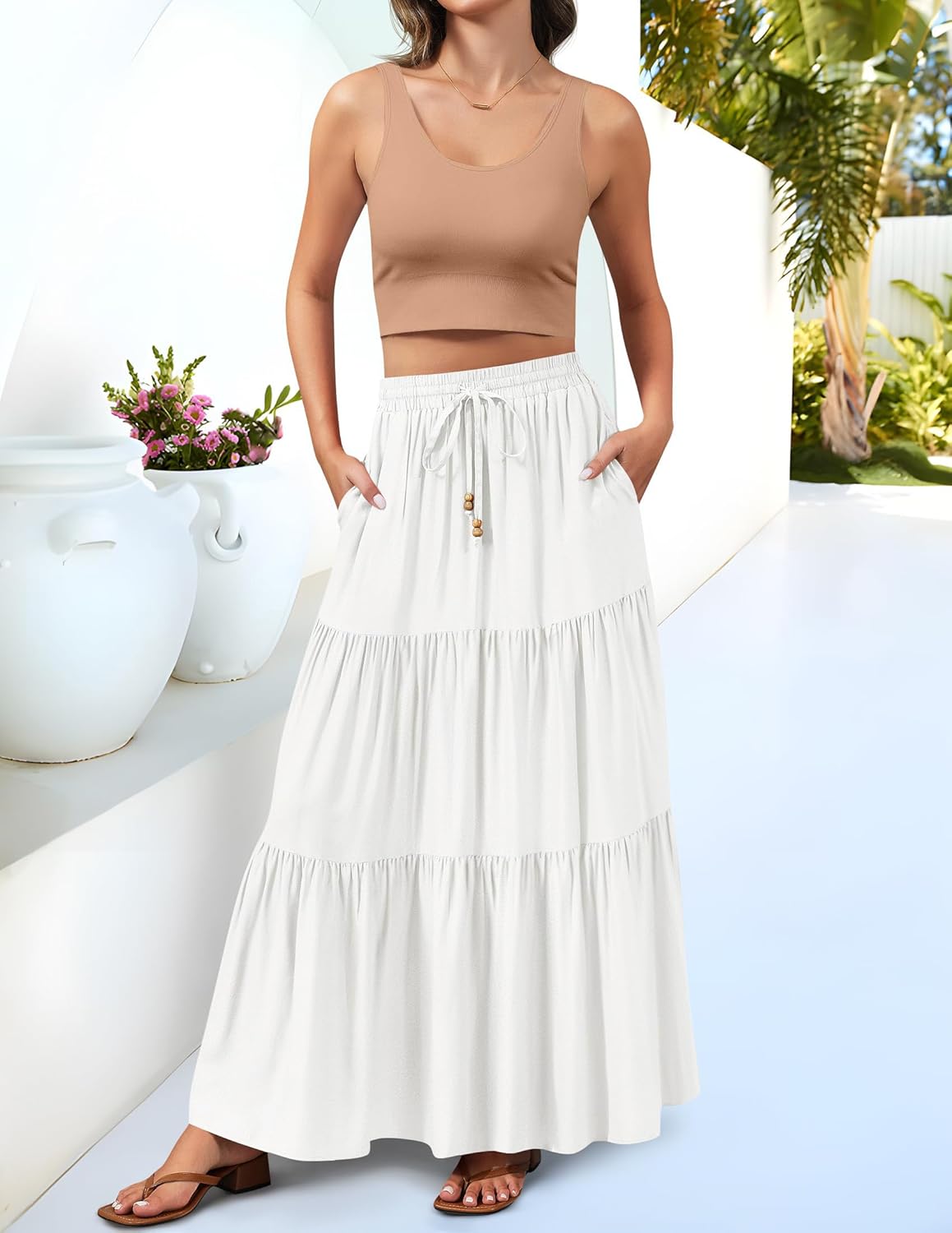 HAEOF Women's Summer Boho Maxi Skirt A-Line Flowy Ruffle Tiered Elastic High Waist Beach Long Skirts with Pockets - Image 3