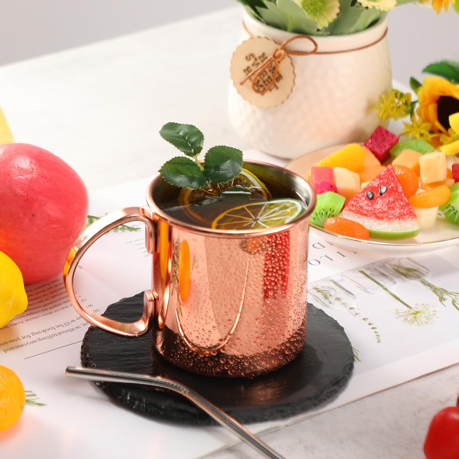 4 Pcs Moscow Mule Mug 16.9 oz Copper Mugs with Handles Copper Cup Moscow Mule Cups Straight Smooth Finish, Stainless Steel Interior, for Bars Parties Beer Wine Drinking Coffee Cocktail