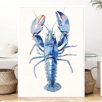 Blue and White Coastal Wall Art Ocean Theme Painting Watercolor Sea Animal Prints Marine Life Pictures Shrimp Canvas Artwork Cute Sea Life Poster Ocean Themed Bathroom Pictures 16x24inch No Frame