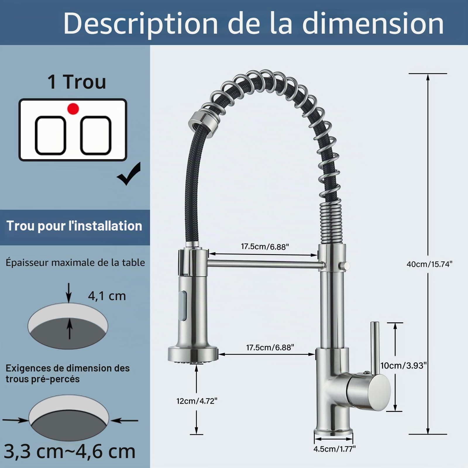 JUNSHENG Robinet de cuisine extractible, mélangeur acier inoxydable haute pression pivotant 360°, nickel brossé