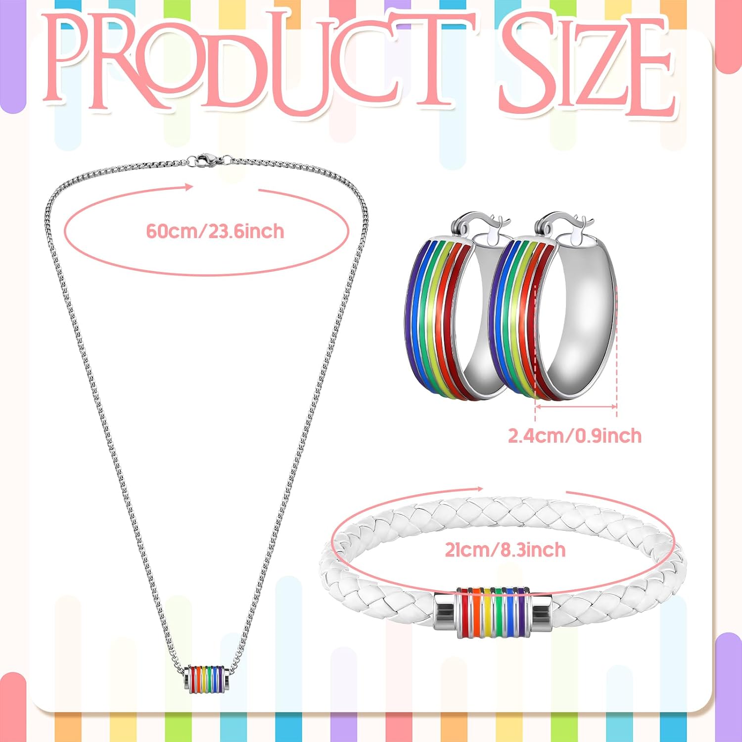 Quelay 3 Pcs Gay Pride LGBT Jewelry Sets for Women LGBT Rainbow Leather Bracelet Necklace Rainbow Hoop Earrings Bisexual Stuff LGBTQ Jewelry Lesbian Stuff Gifts
