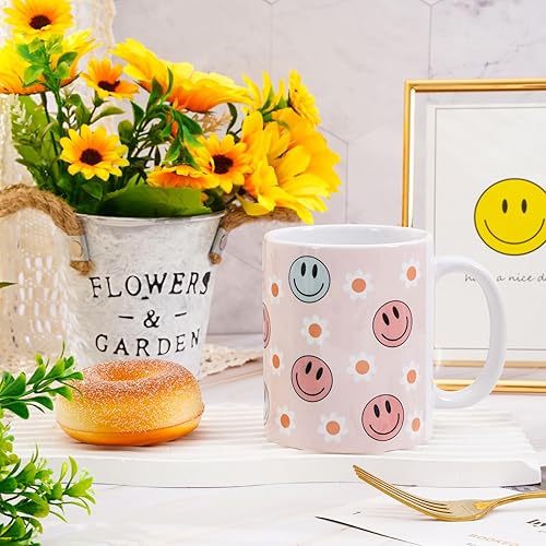 Miniatura 5 de Whaline Taza de café de cerámica de 11 oz con cara sonriente y flores, taza de té con leche impresa rosa con asa para el hogar, oficina, cocina,