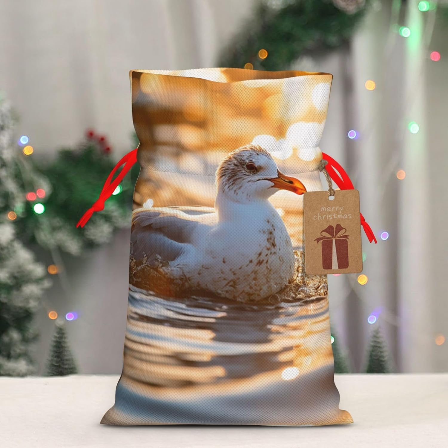 HETPLKD Swimming in Water Christmas Gift Bag Burlap Xmas Drawstring Gift Sack with Tag & Tie, Small Christmas Bags for Gifts, Reusable Gift Wrapping Bag for Holiday Party Favors