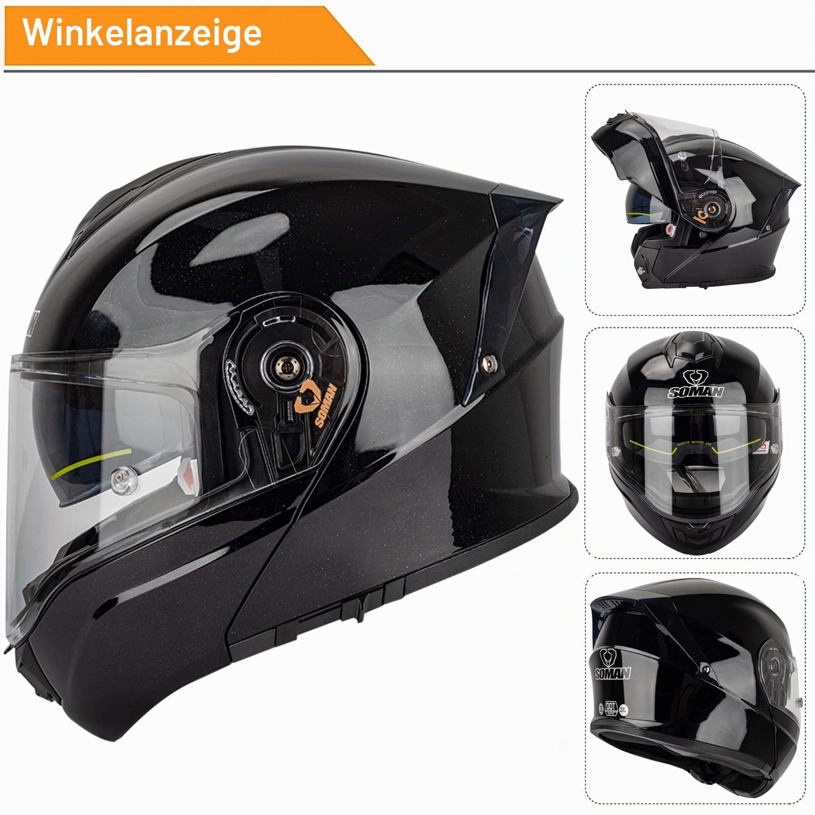 Klapphelm Motorradhelm Rollerhelm mit Doppeltem Sonnenvisier DOT/ECE Zertifiziert Klappbarer Modularer Motorrad Helme Integralhelm Multifunktion Sturzhelm für Damen Herren, Schwarz-4XL(67~68cm)