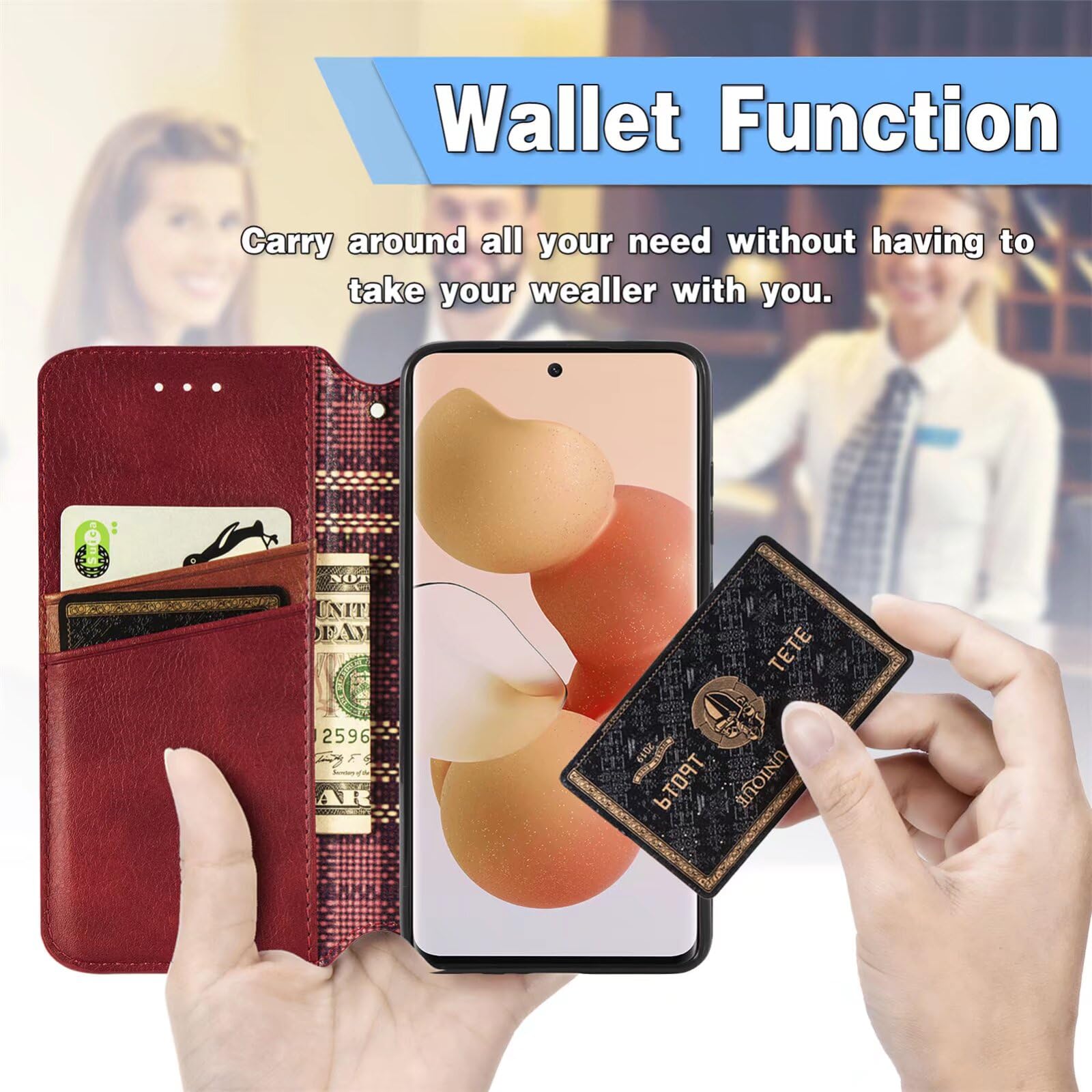 Motorola Moto E14/Moto G04/Moto G24 Case Flip Phone Case Premium PU Leather Wallet Case Shockproof Magnetic Protective with Credit Card Slot View Stand Cover for Motorola Moto E14 / G04 / G24,Red - Image 2