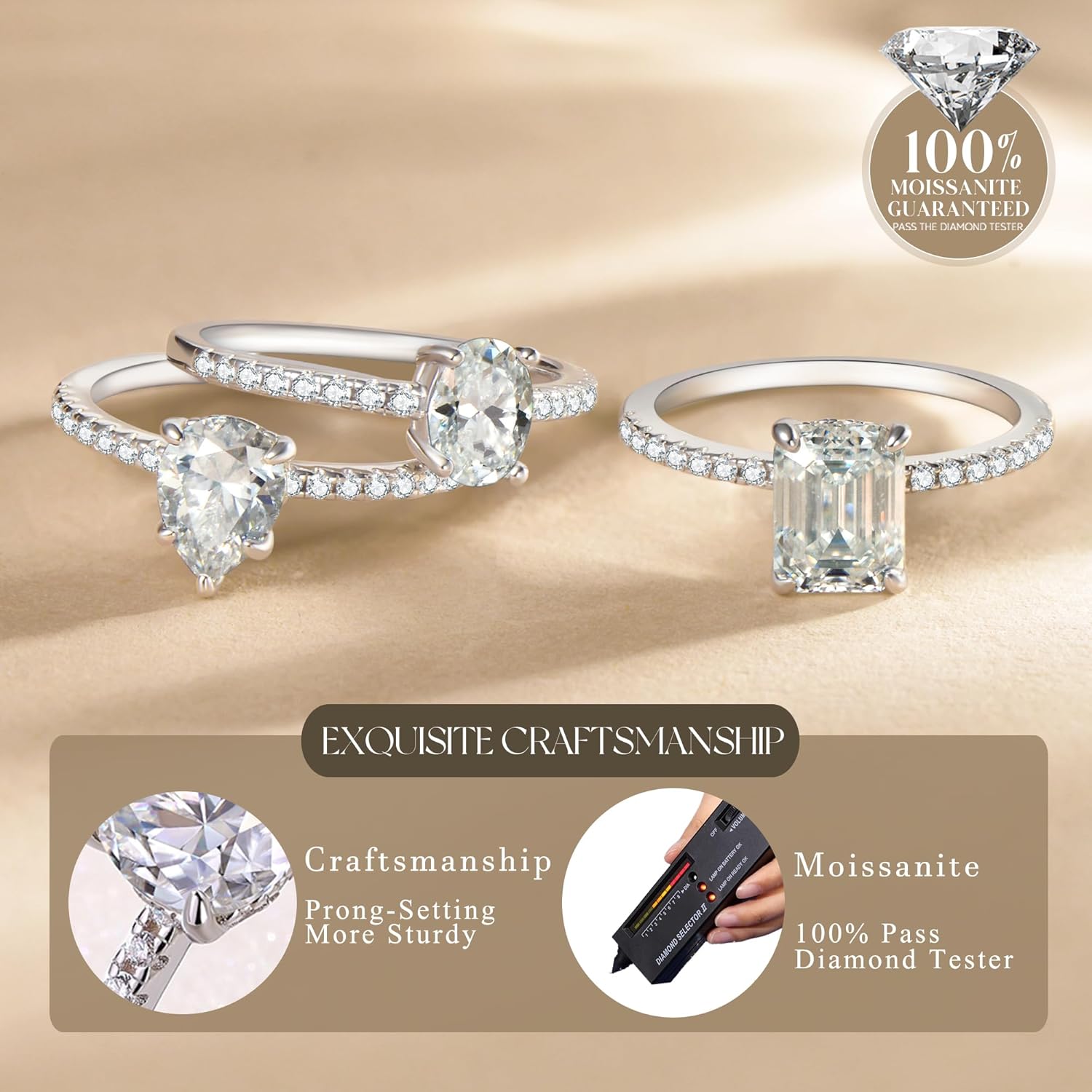 Solitaire Engagement Rings 1ct Moissanite Ring for Women, 8 * 6MM Main Stone Emerald Cut, D Color VVS1 Simulated Diamond Wedding Promise Proposal Ring for Wife birthday gift, All Size