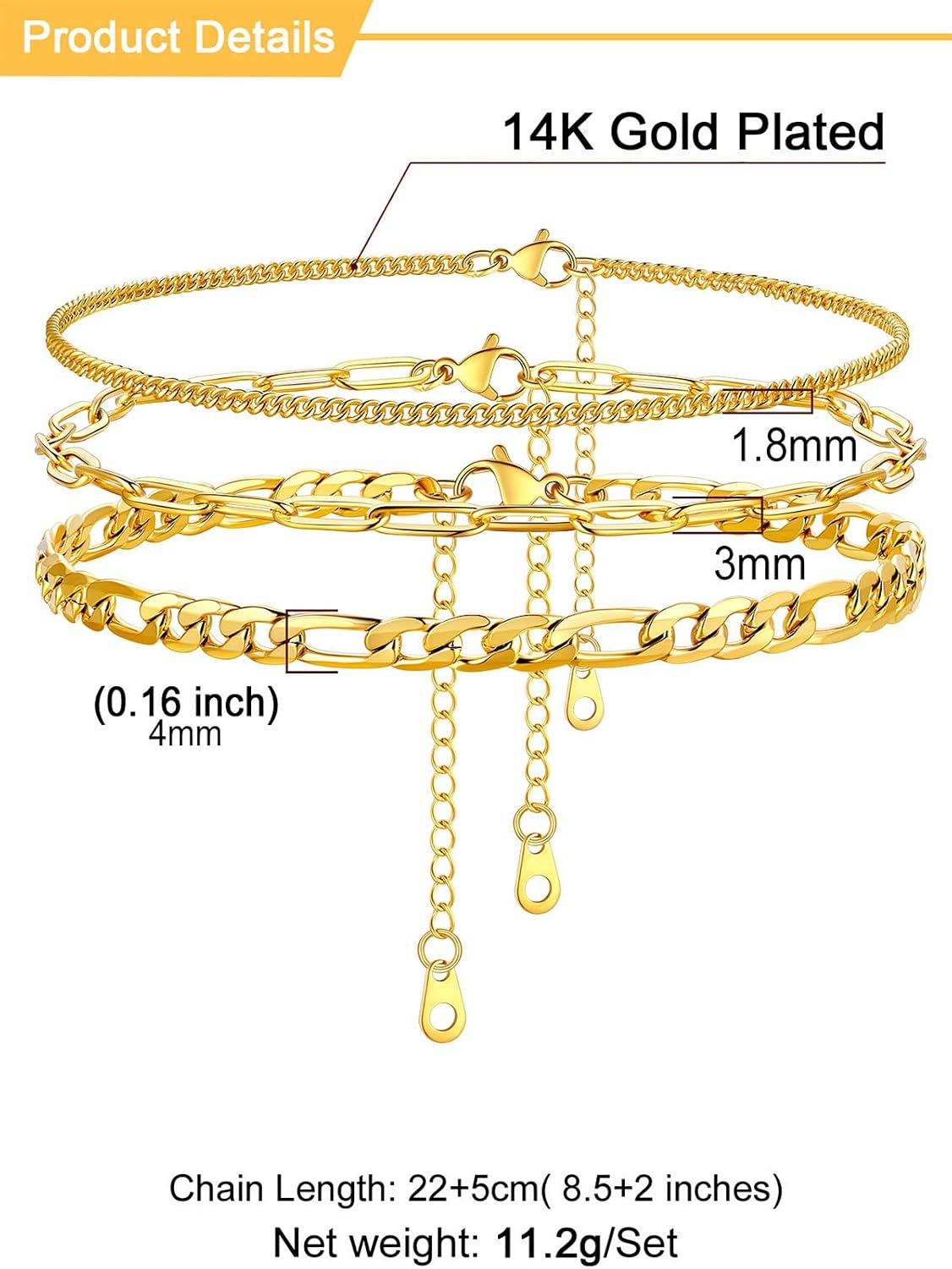 U7 2Pcs/3Pcs Ankle Bracelets for Women, Stainless Steel Cuban Link/Figaro/Rope/Heart Chain Anklets Sets,Waterproof Layered Anklets Adjustable 8.5"-10.5"