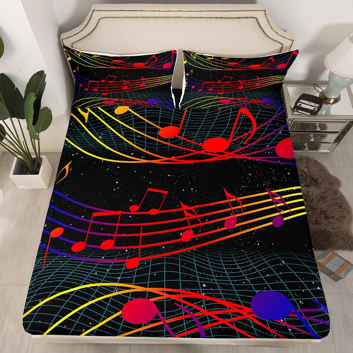 Music Fitted Sheet Full Size Music Notes Bedding Set Rock Sheet Set,Colorful Lines Bed Cover Ultra Soft Breathable Bedding 3 Pcs for Kids Teens Boys