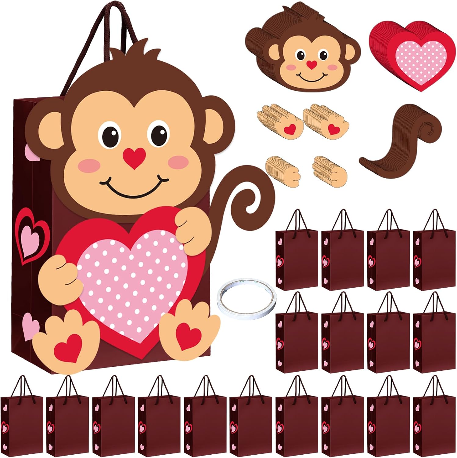 Resholder 18 Pcs DIY Funny Valentines Bags Crafts Kit for People Cute Candy Box with Handle Gift Paper Bag DIY Valentine Crafts for Exchange Party Favors Gift Wrapping Activities Bulk(Brown,Monkey)