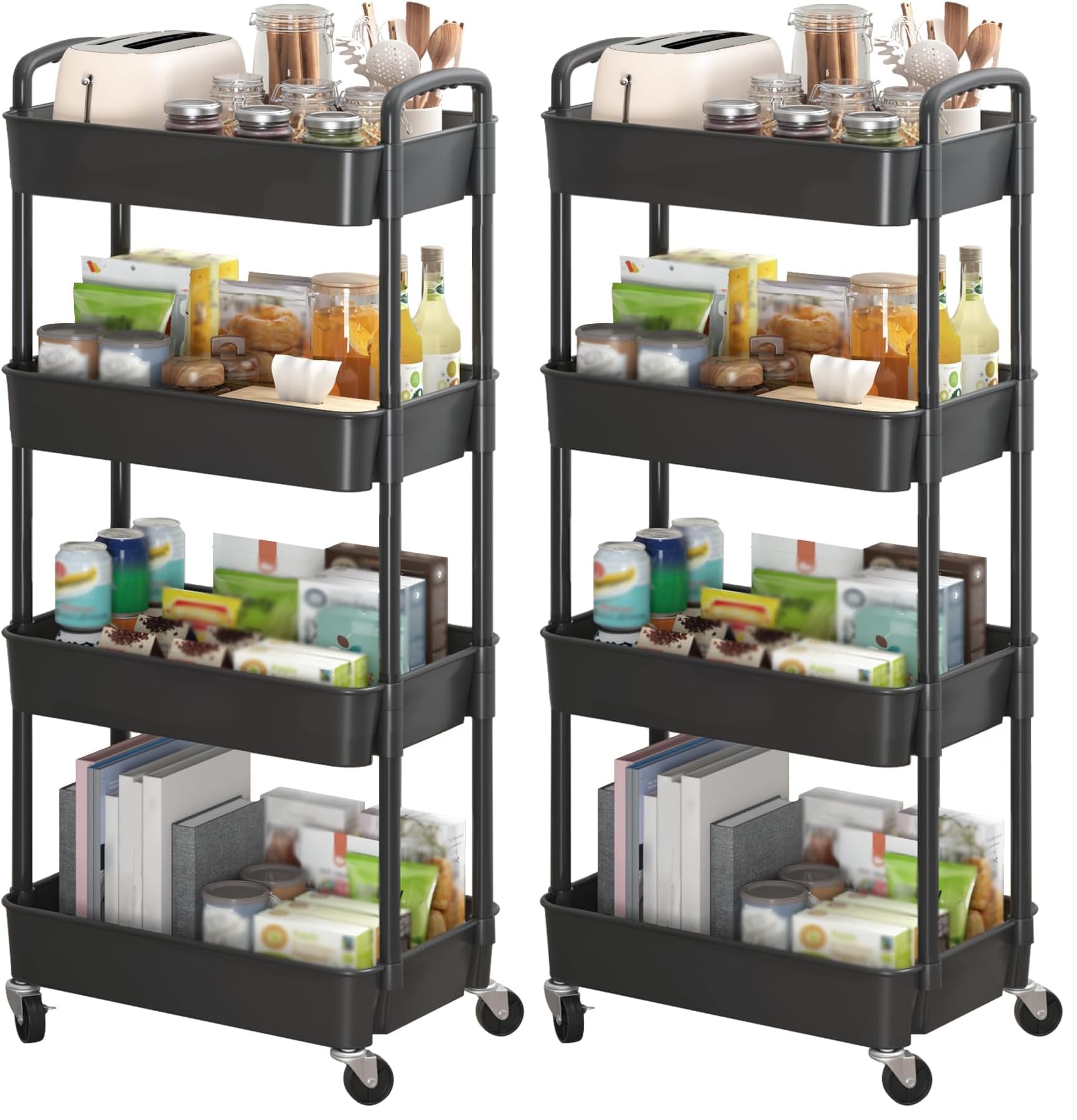 Sywhitta 4-Tier Plastic Rolling Utility Cart with Handle, Multi-Functional Storage Trolley for Office, Living Room, Kitchen, Movable Storage Organizer with Wheels, Black (Pack of 2)