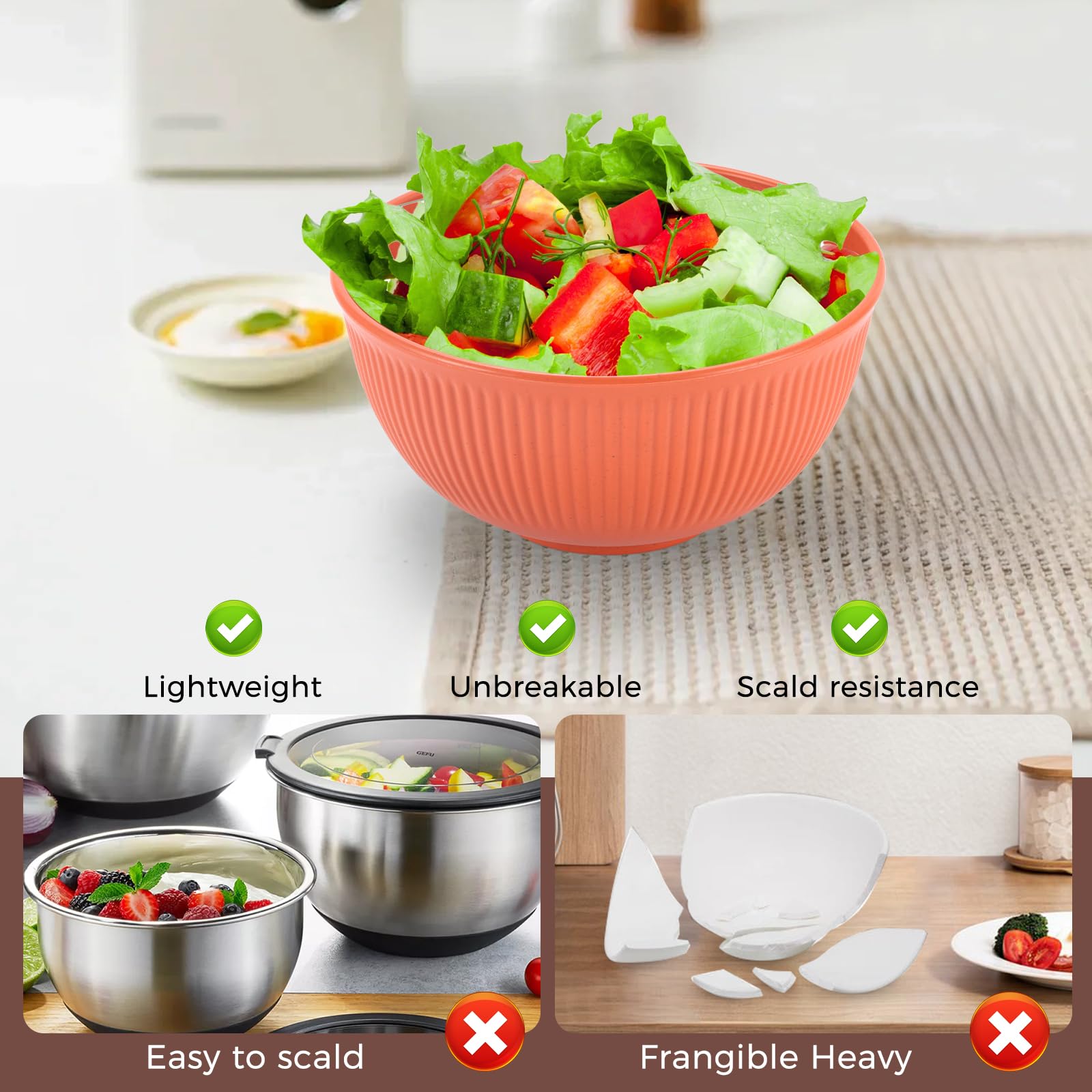 Osrioal Set of 8 Unbreakable Cereal Bowls, Lightweight Plastic Bowls, Reusable Camping Bowl for Breakfast Rice, Noodle, Salad - Image 4