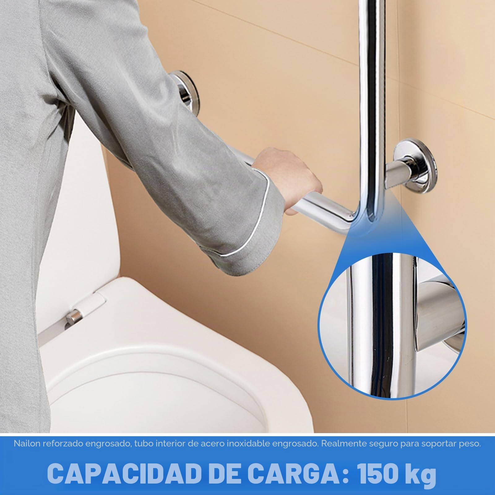 Barra de sujeción para ducha, acero inoxidable, 70 x 50 cm, en forma de L, rieles de seguridad en ángulo vertical, pasamanos de esquina antideslizante montado en la pared para personas mayores con