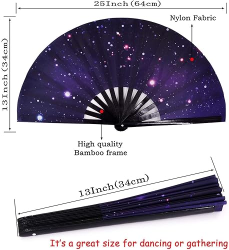 Miniatura 10 de Amajiji Abanicos plegables grandes, accesorios de festival rave para mujeres y hombres, bambú chinojaponés y tela de nailon, ventilador de mano,