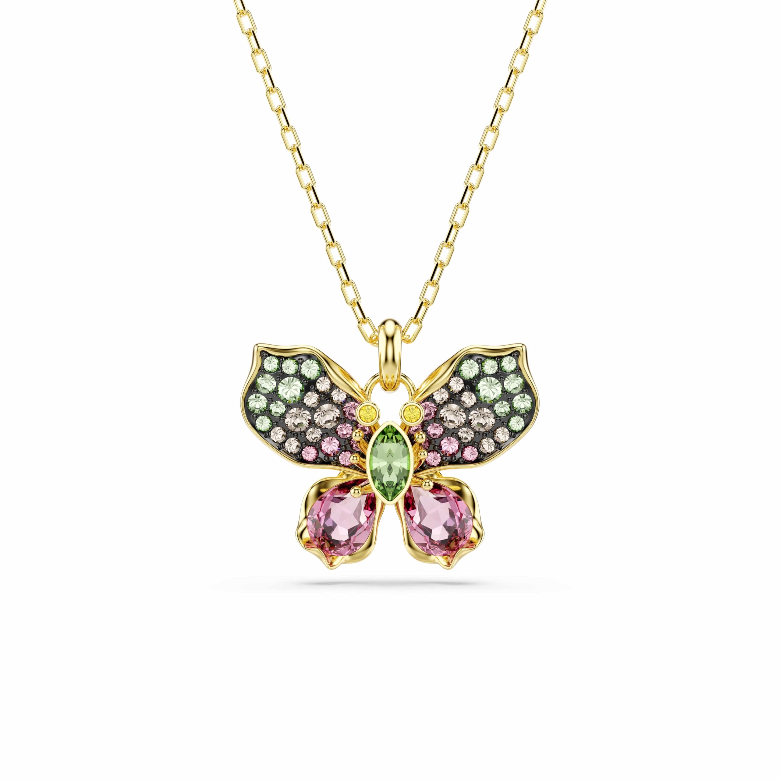 Swarovski Idyllia Pendant Necklace, Butterfly Motif with Multicoloured Mixed-Cut Crystals in a Gold-Tone Finished Setting, Part of the Idyllia Collection