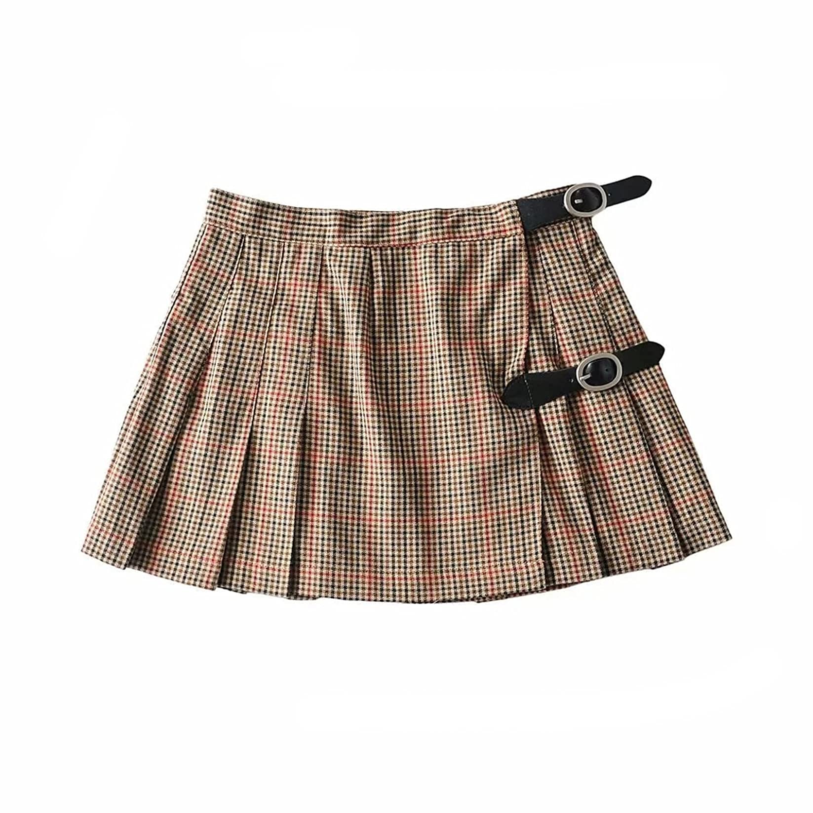 Fiables Mujeres Faldas Plisadas Cintura Alta Hebilla Correa Estilo Falda Corta Elegante Cintura Alta Plaid Party Falda