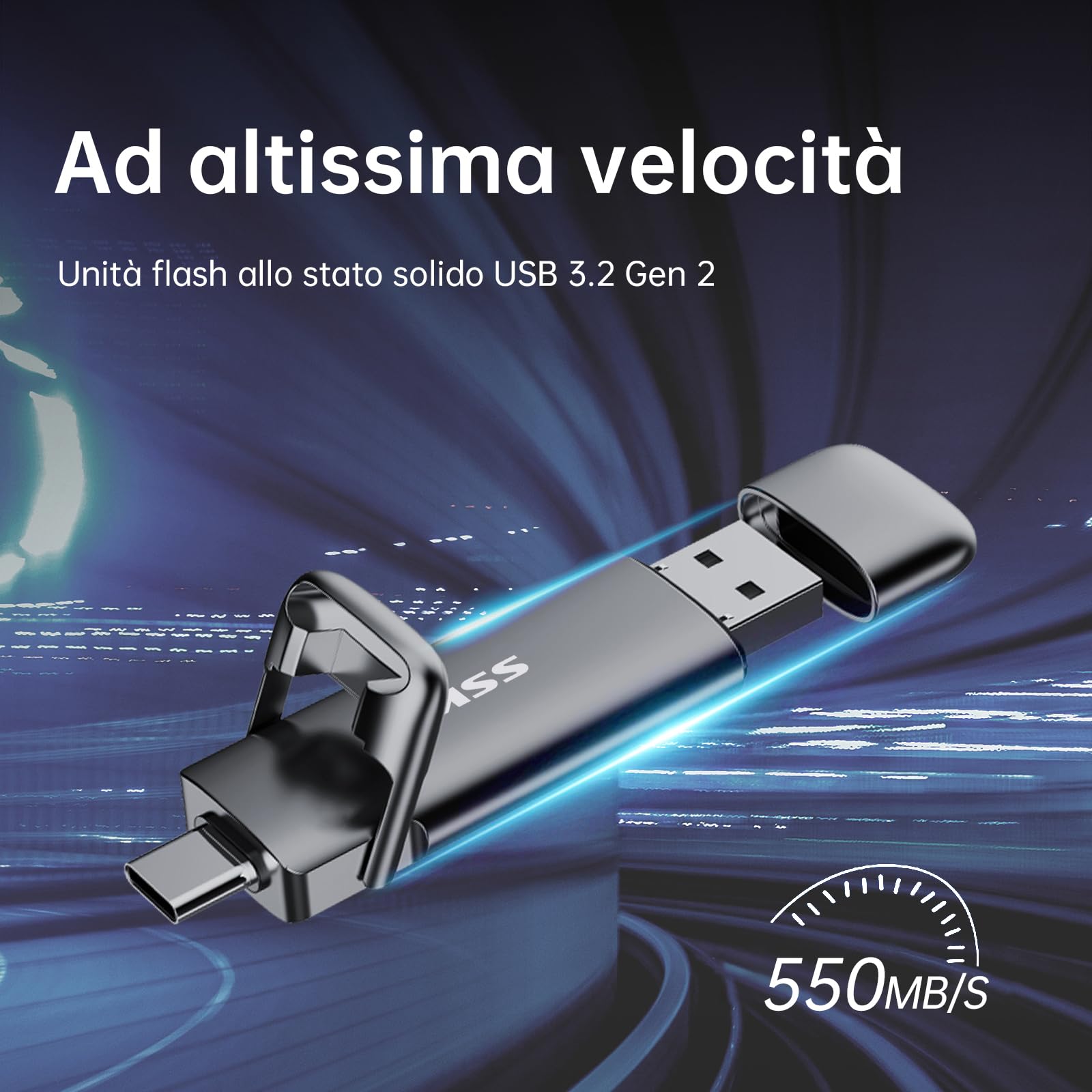 SSK SSD esterno portatile da 128GB Dual USB 3.2 Gen 2 Unità a stato solido fino a 550MB/s in lettura, adattatore USB A + tipo C 2 in 1 Disco rigido SSD da 128GB per laptop, tablet e altro