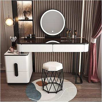 Vanity Table Glass Dressing Table Makeup Modern Simple Advanced Solid Wood Dressing Table Bedroom Storage Dressing Table Smart Mirror Makeup Stool Set Makeup Table,White+Black-120Cm