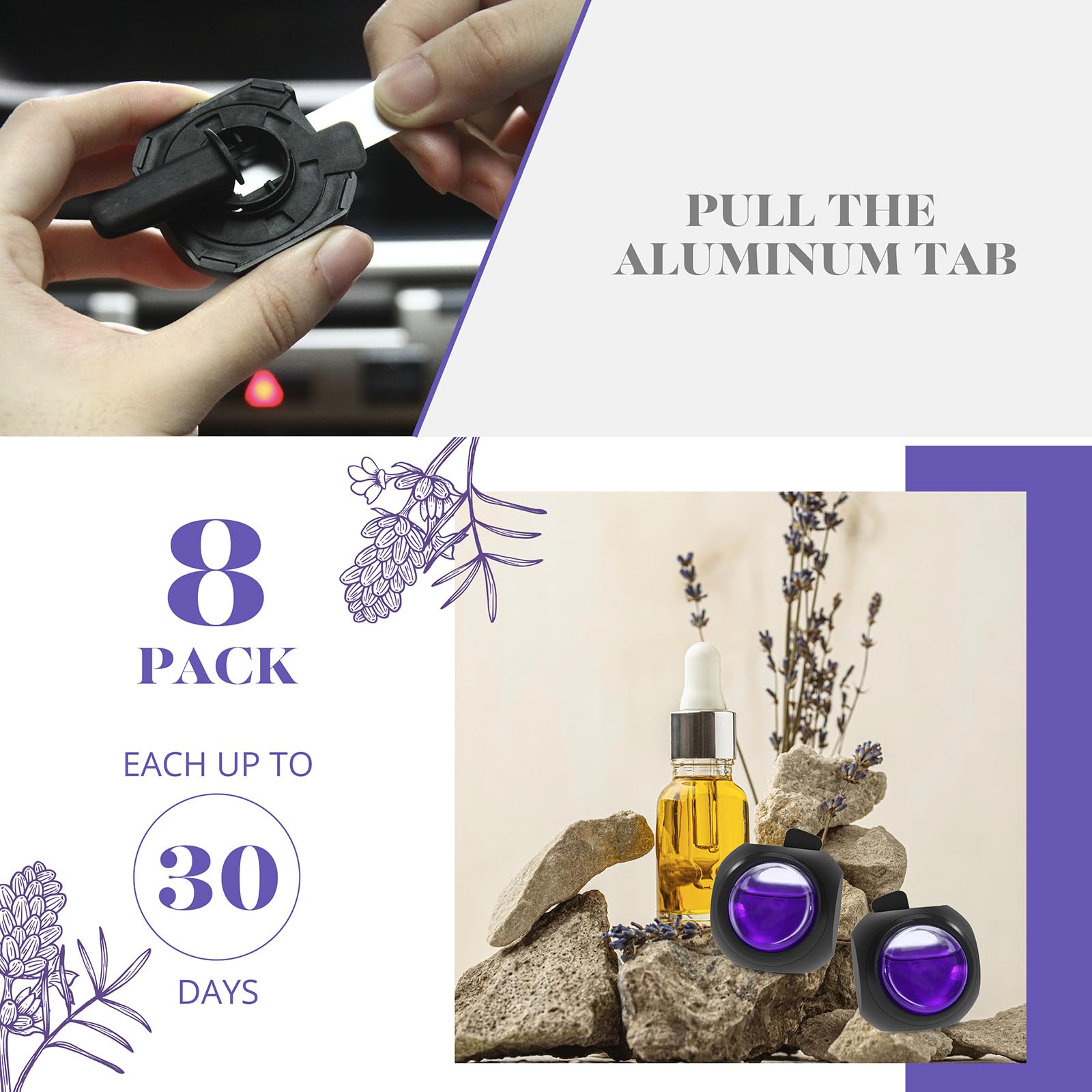 Car Air Freshener Vent Clips, 8 Pack, Provides Long-Lasting Scent, Up to 240 Days, Odor Eliminator (Lavender)
