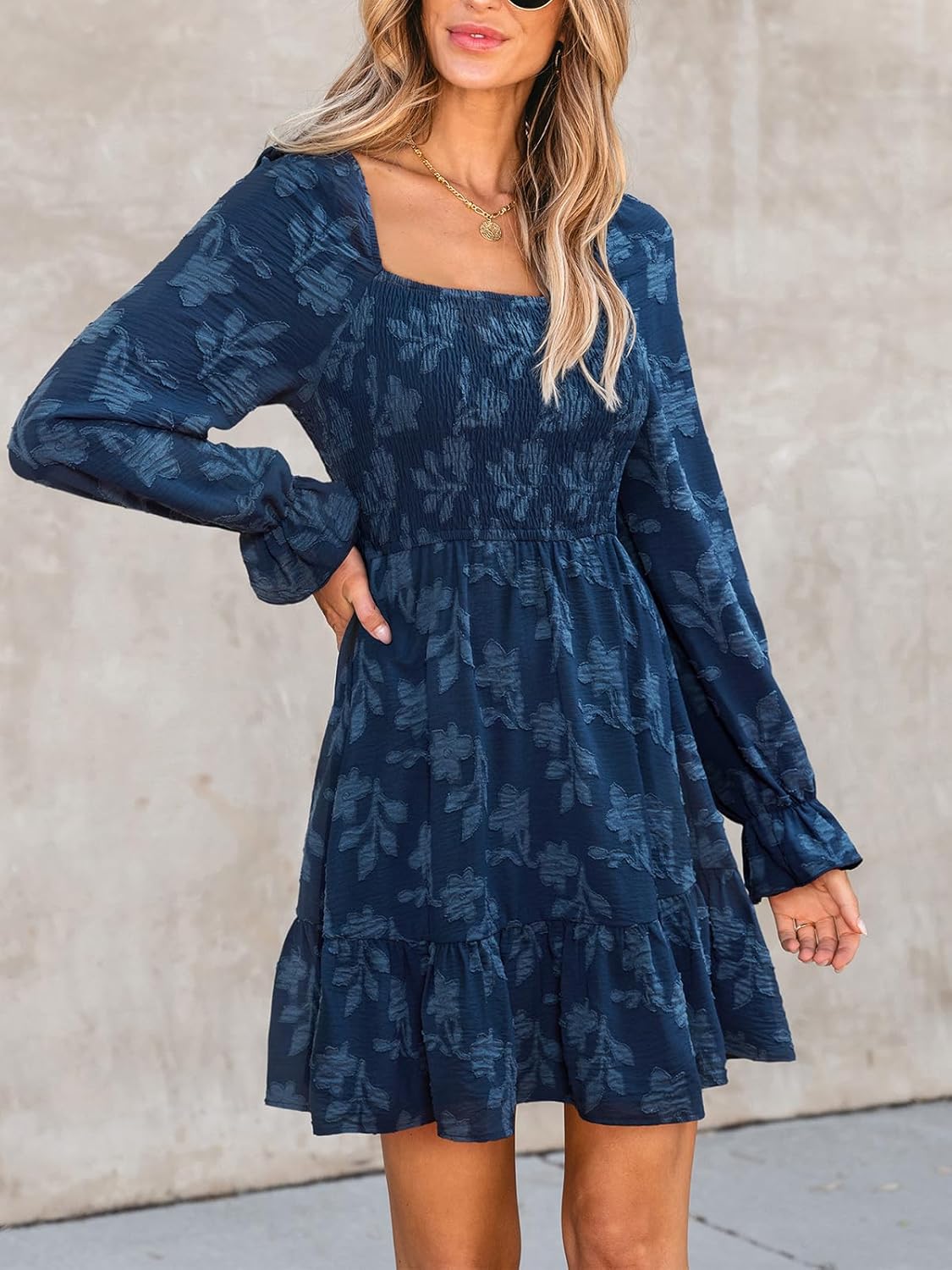 CUPSHE Women's Long Sleeve Fall Mini Dress Floral Square Neck Smocked Flowy A Line Ruffle Dress - Image 2