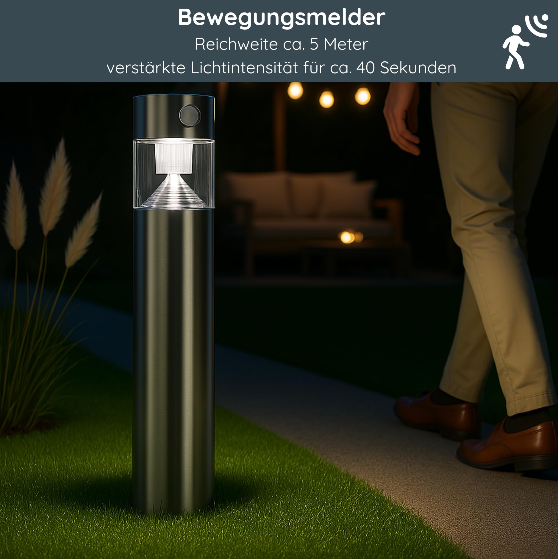 MeLiTec Solar Gartenleuchte mit Bewegungsmelder & Dämmerungssensor – Edelstahl Wegeleuchte, Außen, IP44 – Solarlampe kaltweiß
