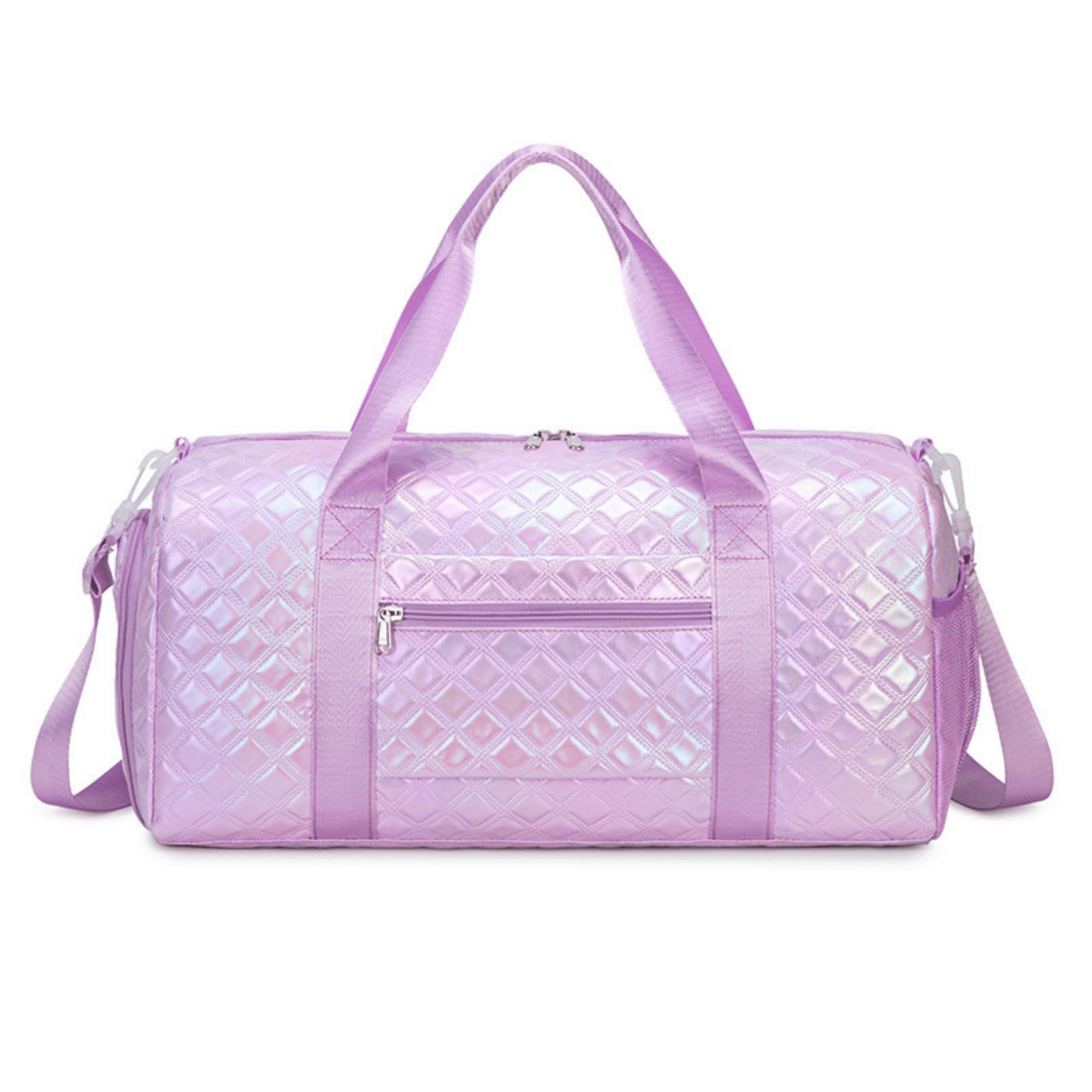 Glamorous Gym Bag, Travel Duffle for Women, Quilted Shimmer, Shoe Compartment and Pockets, Gift for Mom Daughter Wife, Violet, Aesthetic