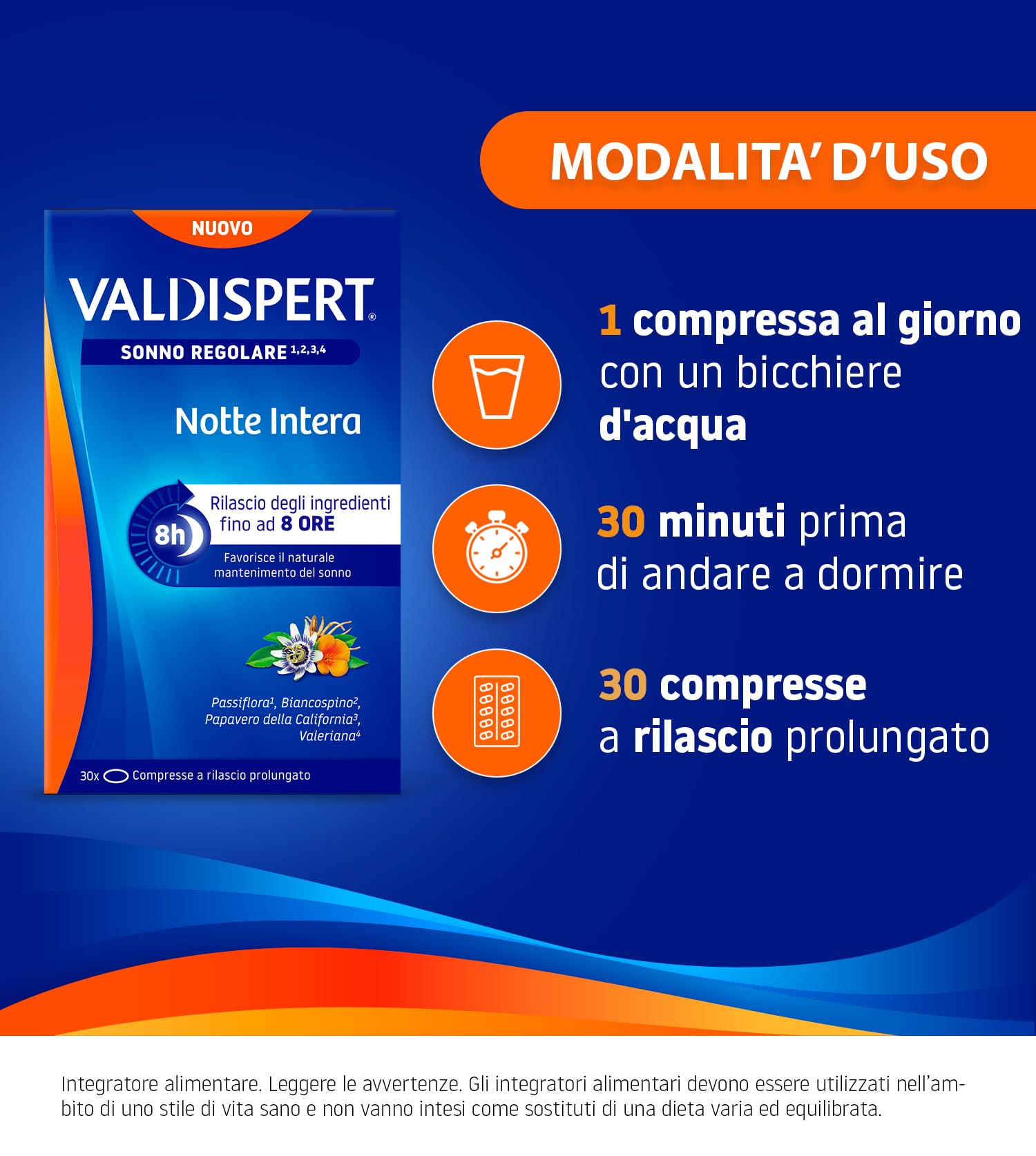 Valdispert Notte Intera, 30 Compresse a Lento Rilascio per il Sonno Regolare con Valeriana, Passiflora, Biancospino e Papavero della California, Senza Glutine e Senza Lattosio