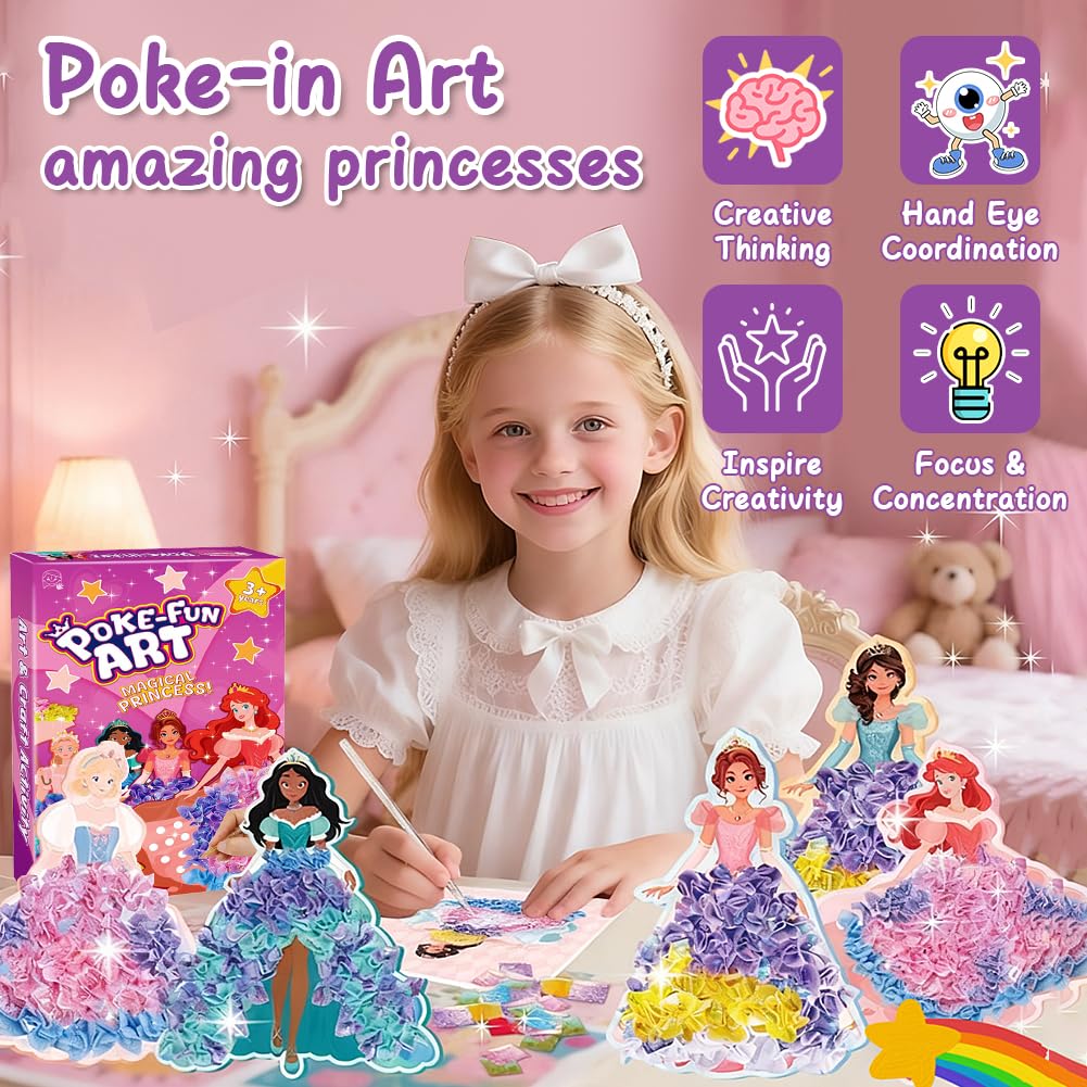 XongSyue Poke Art Kit de bricolage pour enfants, cadeau pour filles de 4, 5, 6, 7, 8 ans, 8 princesses avec base 2 tableaux de fond DIY, kit créatif, bricolage sans saleté