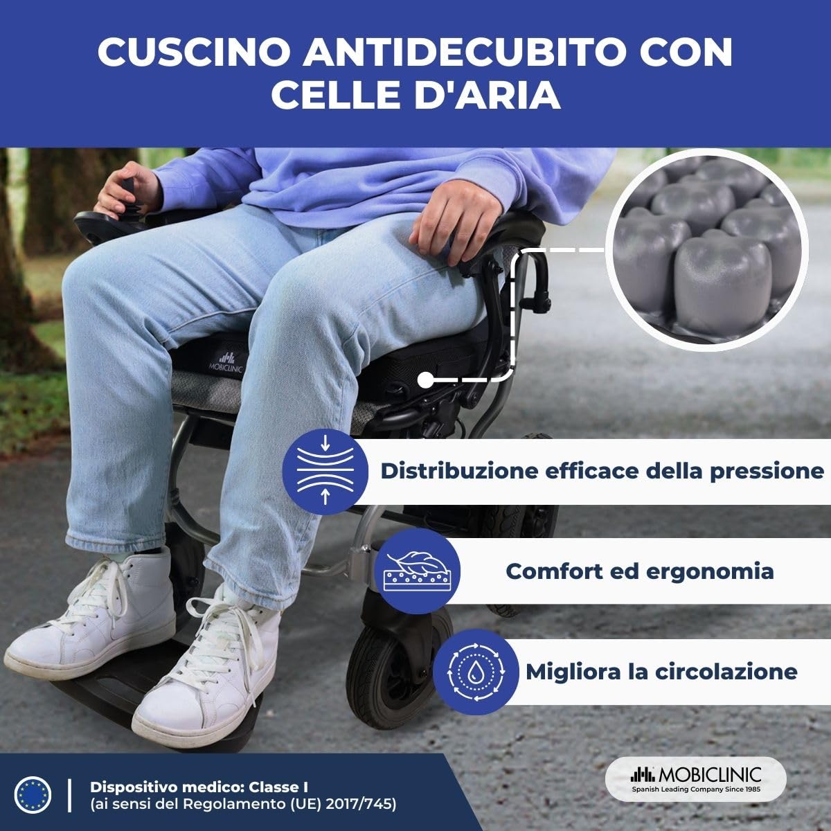Mobiclinic®, Cuscino D'aria, Antidecubito e Antidecubito, Ideale per Sedie a Rotelle, 40x40x6 cm, Rivestimento Traspirante e Lavabile, Include Pompa e Kit di Riparazione, Q-AIR
