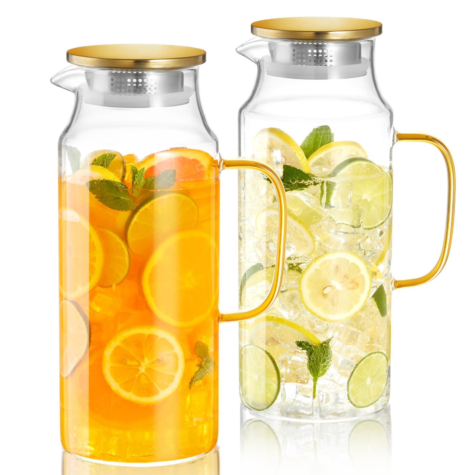 Lot de 2 pichets en verre de 2 litres avec couvercle et bec verseur, carafe à eau en verre pour réfrigérateur, carafe en verre pour eau chaude/froide, grande carafe pour thé glacé, café, jus et