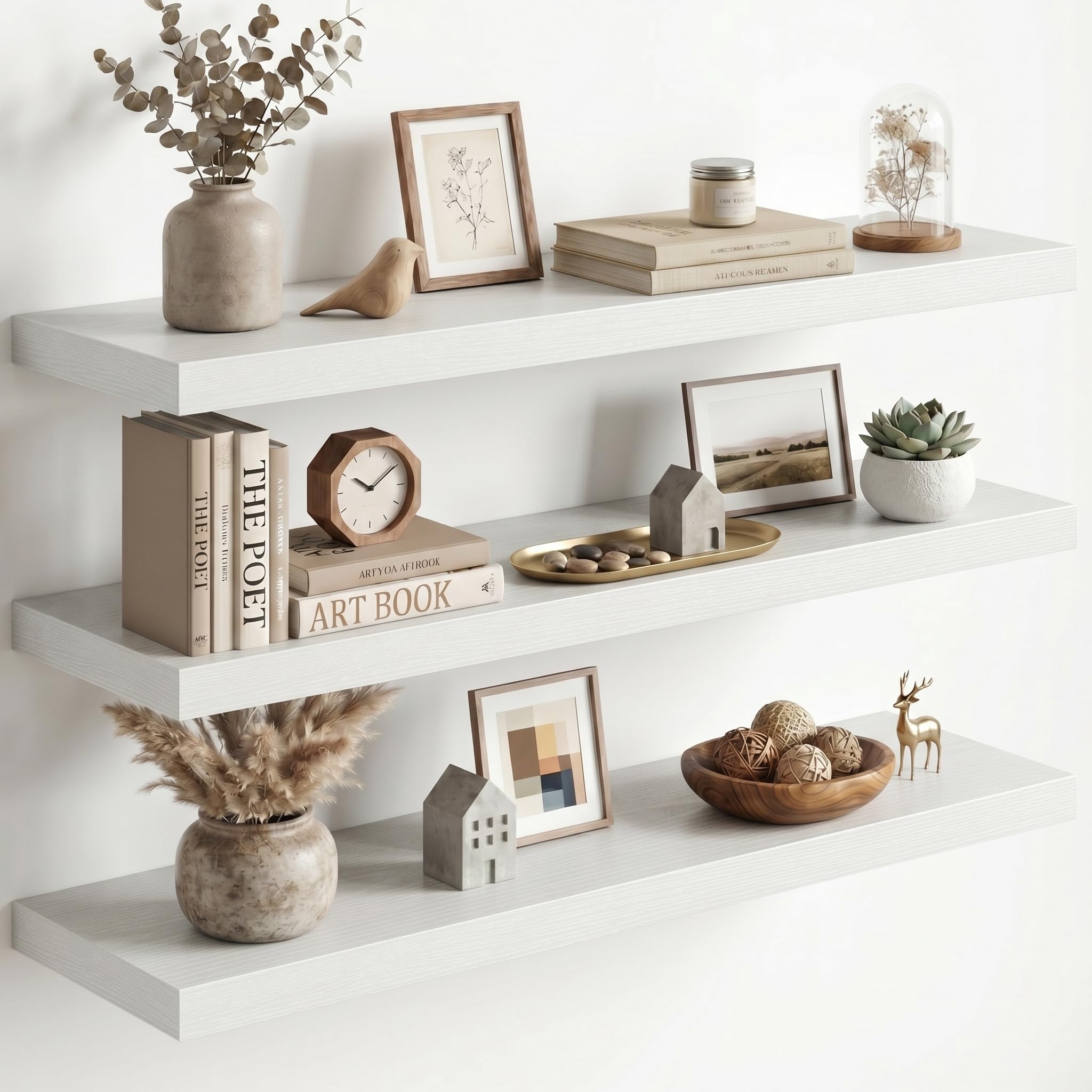 Fun Memories Floating Shelves for Wall, 3 Pack 36 Inch Long Floating Shelves, 36 x 10 Wooden Shelves for Wall, Large Storage Shelves, Hanging Shelves for Bathroom Bedroom Kitchen, White