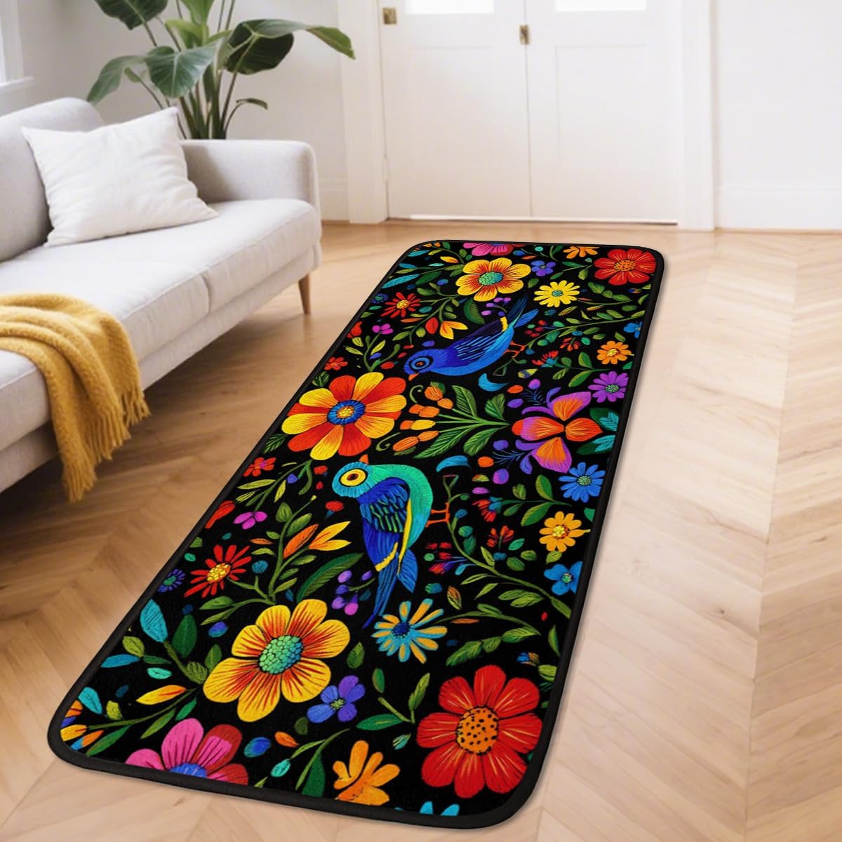 Mexican Floral Runner Rugs for Hallway, Washable Kitchen Rugs, 2'x 6' Decorative Non-Slip Black Rug, Artwork Rug for Bedrooms, Living Rooms, Laundry Rooms, Bathrooms, Homestay
