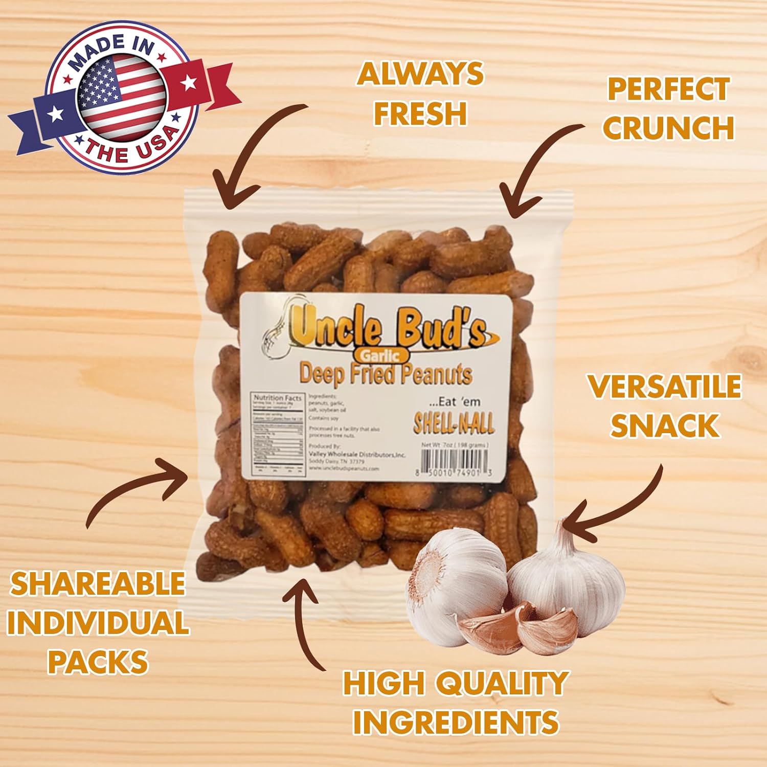Uncle Bud's Deep Fried Peanuts In Shell (6-Pack) | Crunchy Garlic Peanuts, Hot and Spicy Peanuts, Healthy Flavored Peanuts, Garlic Snacks, Organic Peanuts, Salted Peanuts in the Shell, Peanut Packs