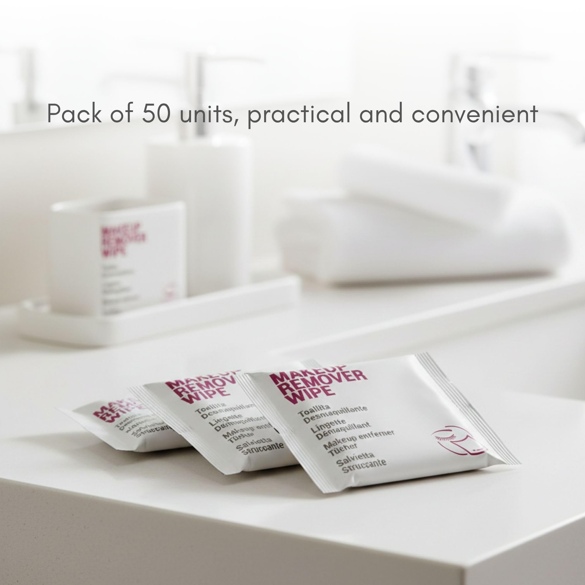 50 Sobres Toallita Desmaquillante – Makeup Remover Wipe monodosis, limpieza facial, formato viaje, amenities baño, kit bienvenida, pack hotel, reposición rápida