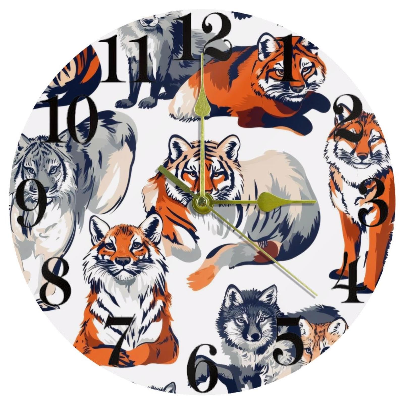 Horloge murale silencieuse Tiger Bobcat en quartz avec cadran rond pour bureau et maison
